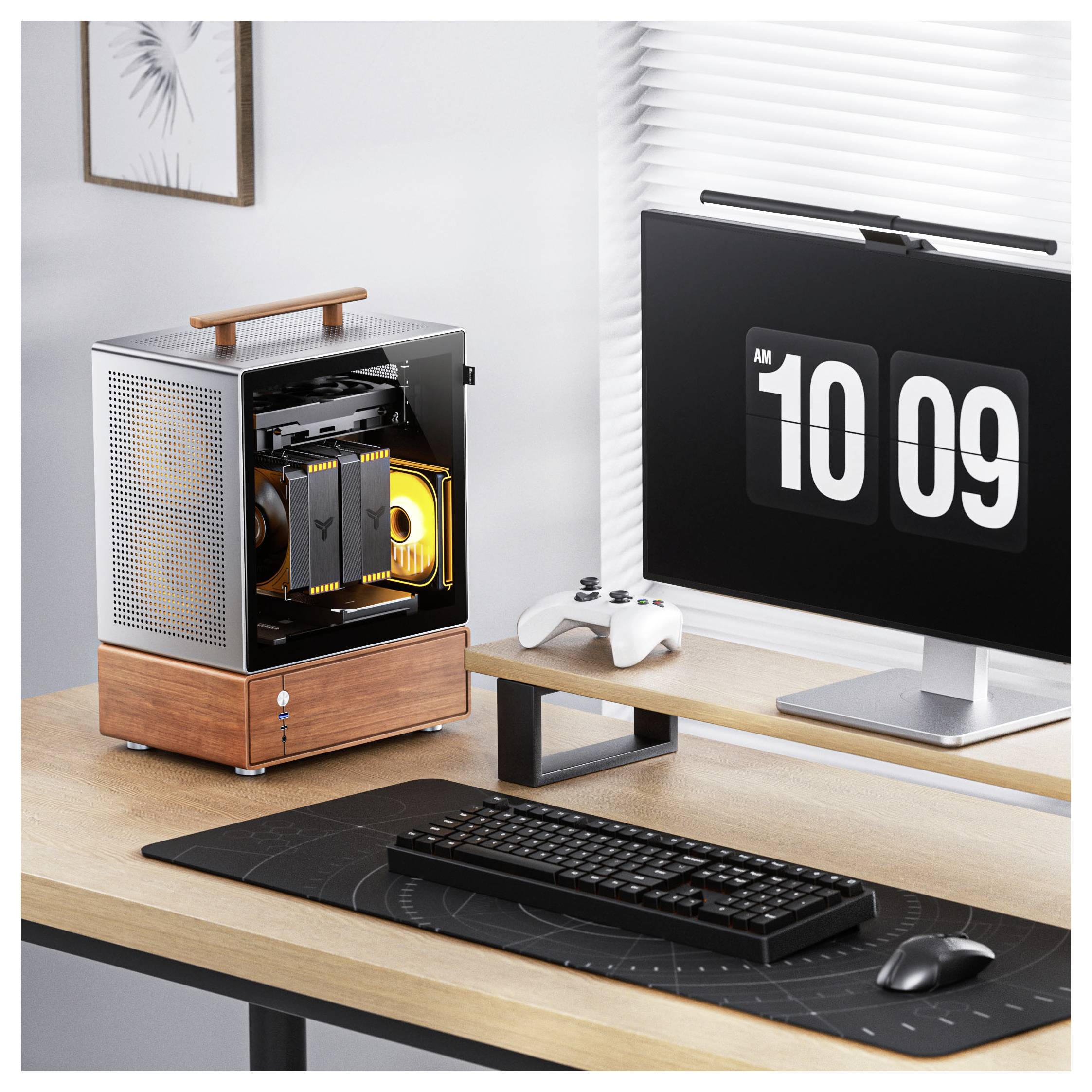 Un poste de travail élégant présente un boîtier d'ordinateur moderne avec des touches en bois à côté d'un écran affichant l'heure '10:09' et une manette de jeu.