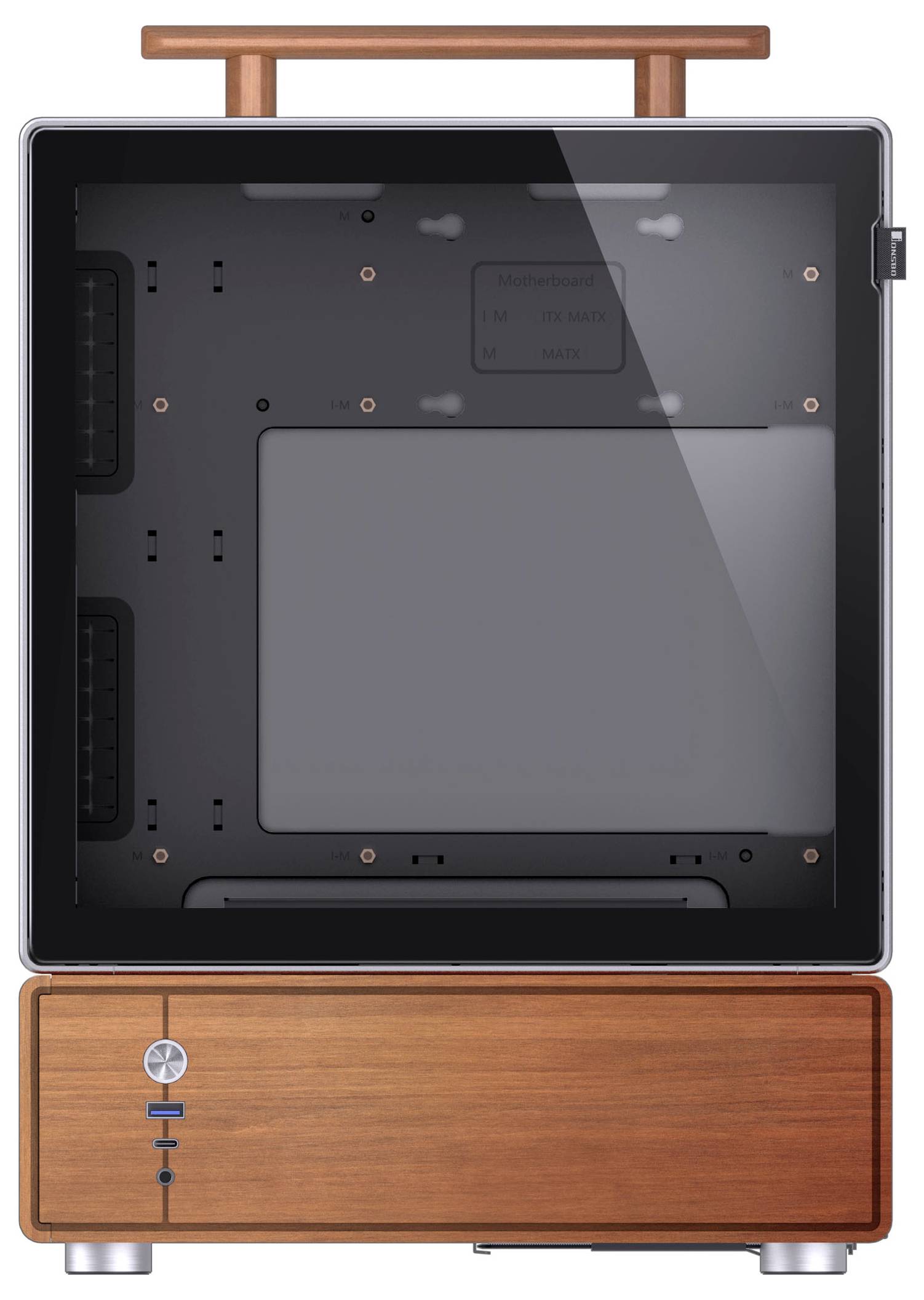 Un boîtier d'ordinateur en bois avec un panneau avant transparent, mettant en valeur l'agencement intérieur. Le design allie technologie moderne et esthétique rétro.