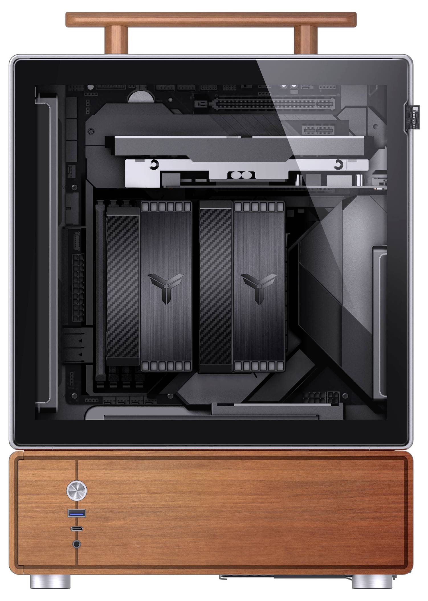 Un ordinateur de bureau élégant enfermé dans un design avec une base en bois, présentant des composants internes visibles à travers un panneau de verre transparent.