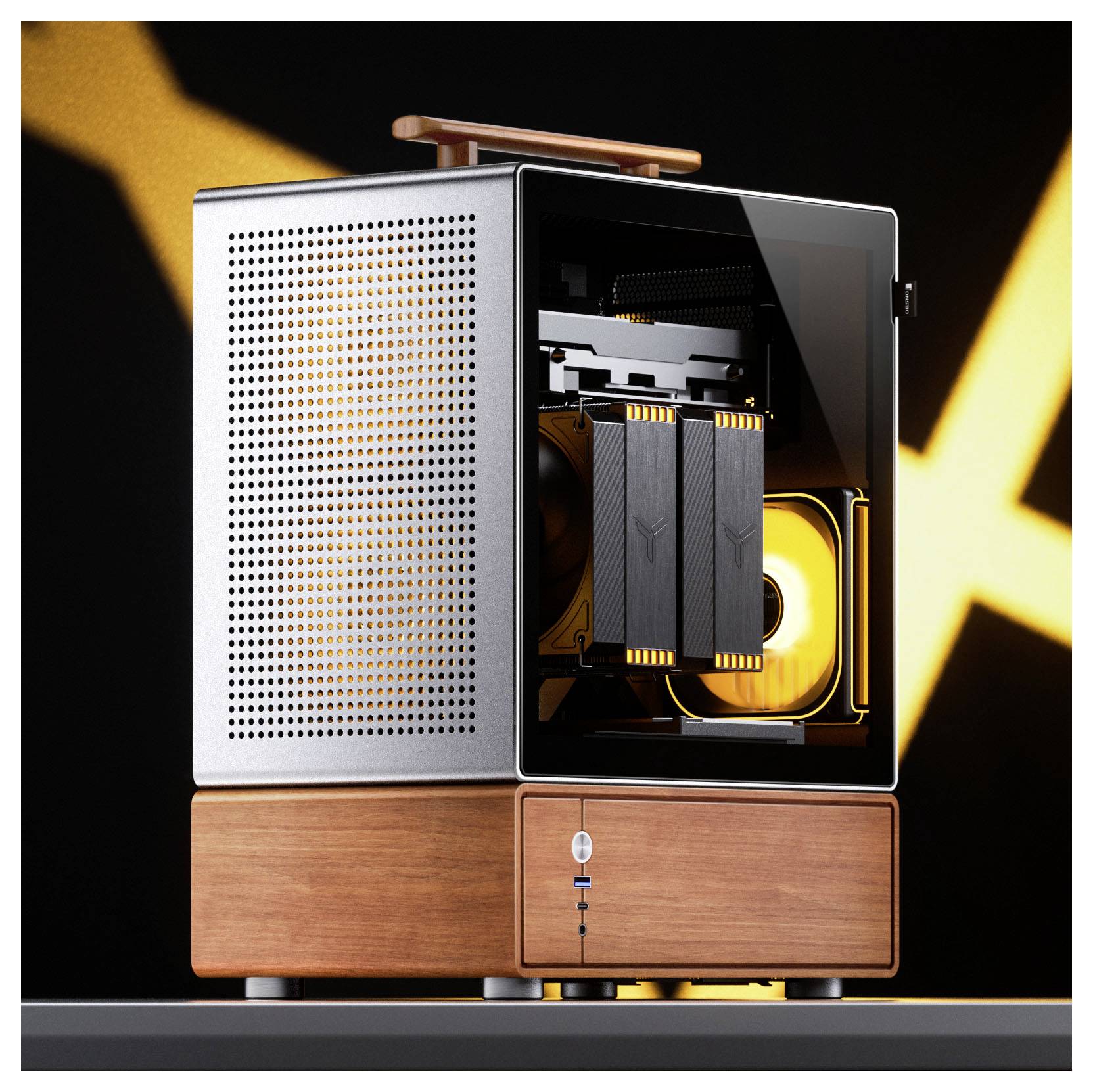 Un boîtier d'ordinateur compact et moderne, avec un socle en bois et un panneau latéral transparent, mettant en valeur ses composants internes éclairés par un éclairage jaune.