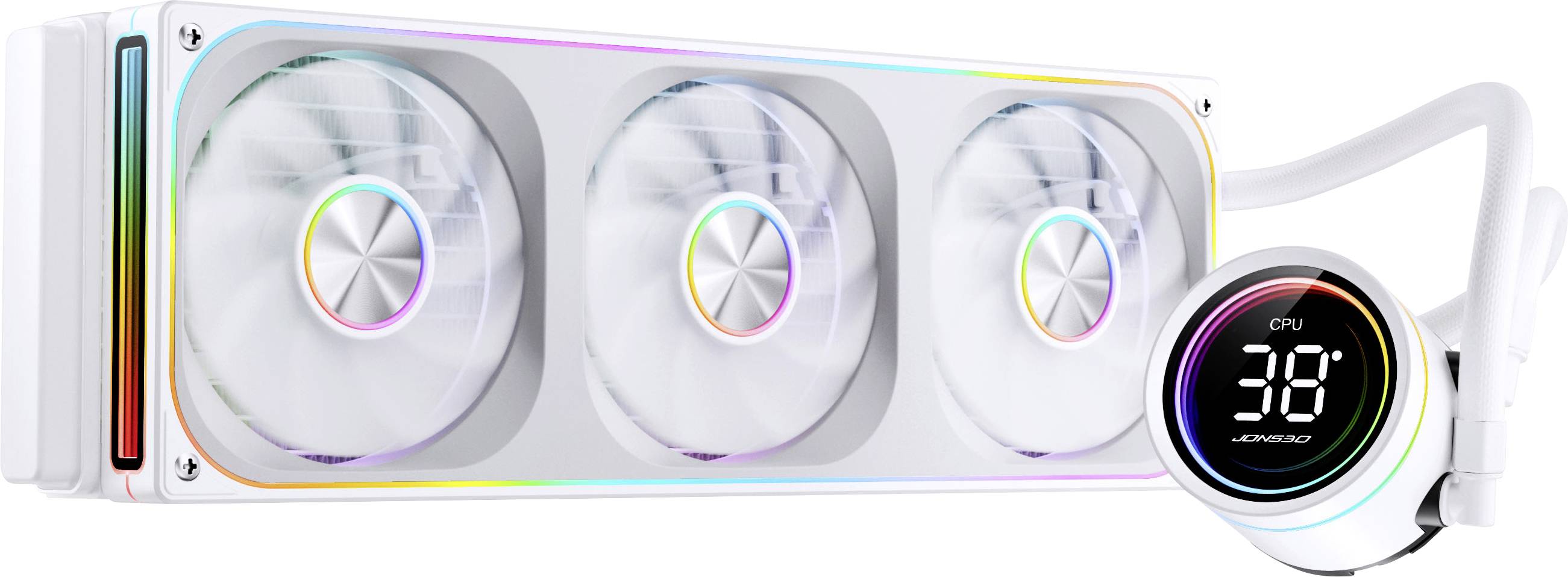 Système de refroidissement avec ventilateur blanc comprenant trois ventilateurs à LED RVB et un écran numérique affichant « CPU 38 » sur l'unité de commande circulaire.