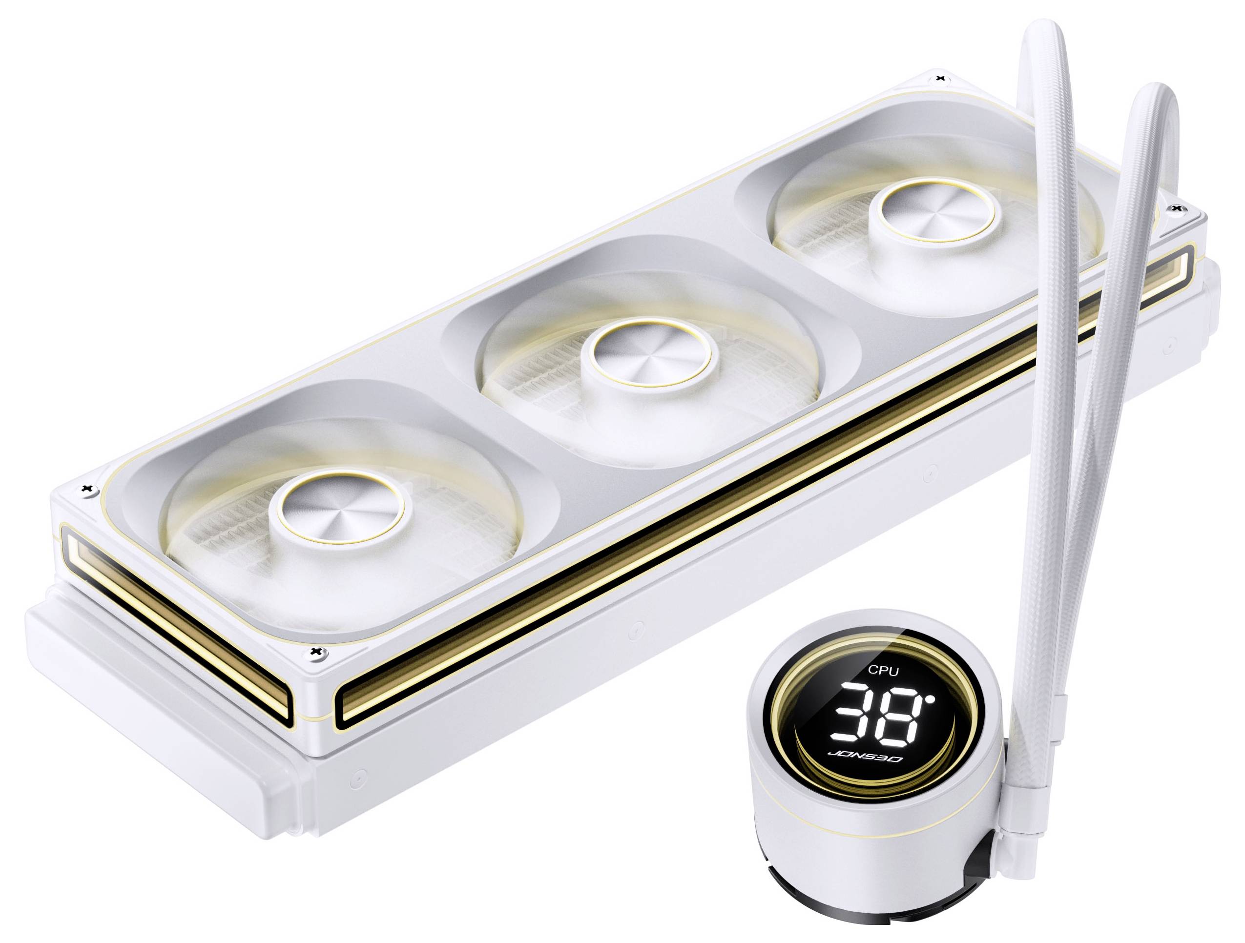 Un système de refroidissement de processeur blanc avec trois ventilateurs et un écran numérique affichant « CPU 36°C ». Comprend deux tuyaux blancs pour le refroidissement.