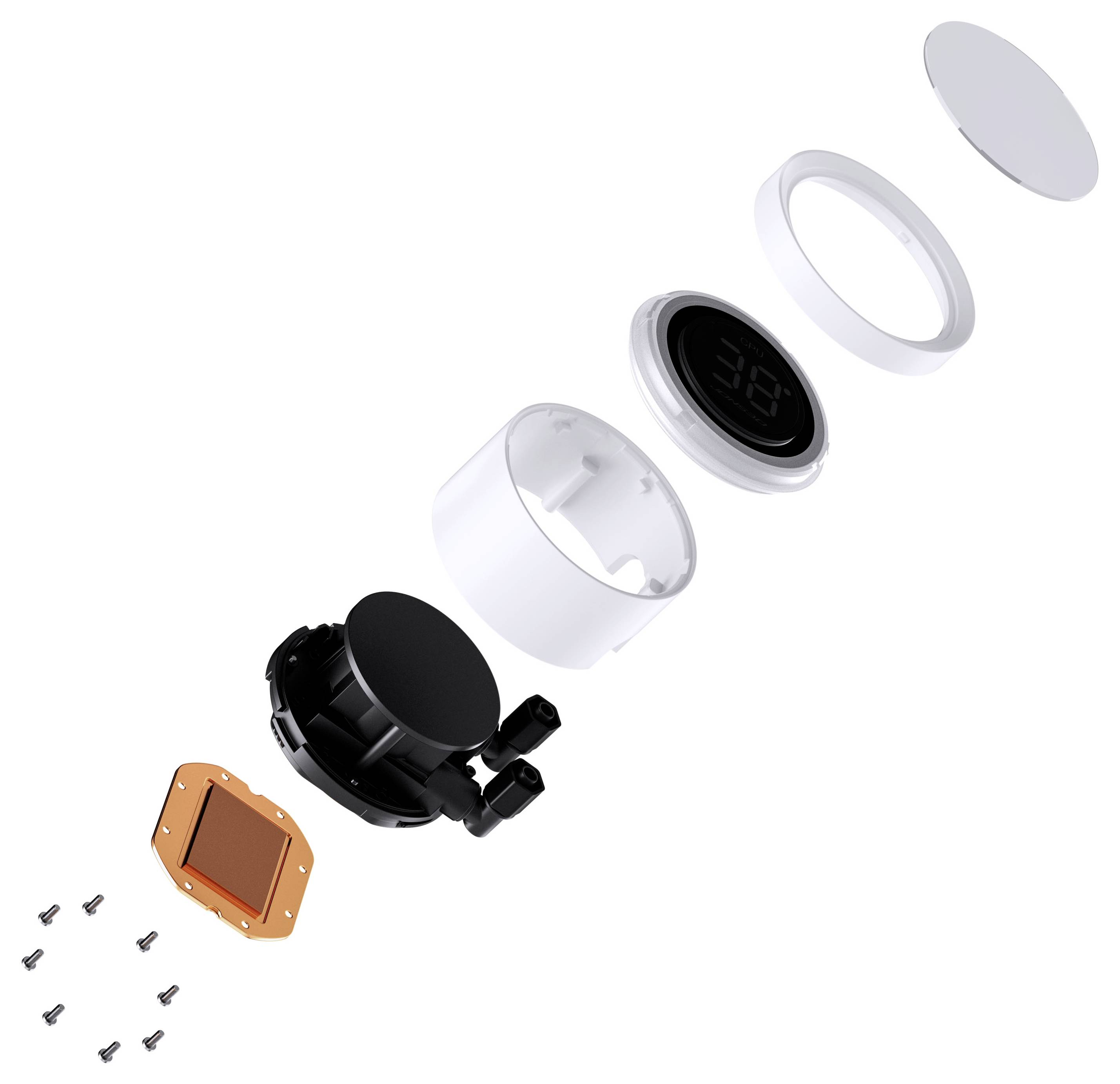 Vue éclatée d'un appareil électronique rond avec plusieurs couches, y compris un écran numérique, un boîtier, des composants internes et des vis.