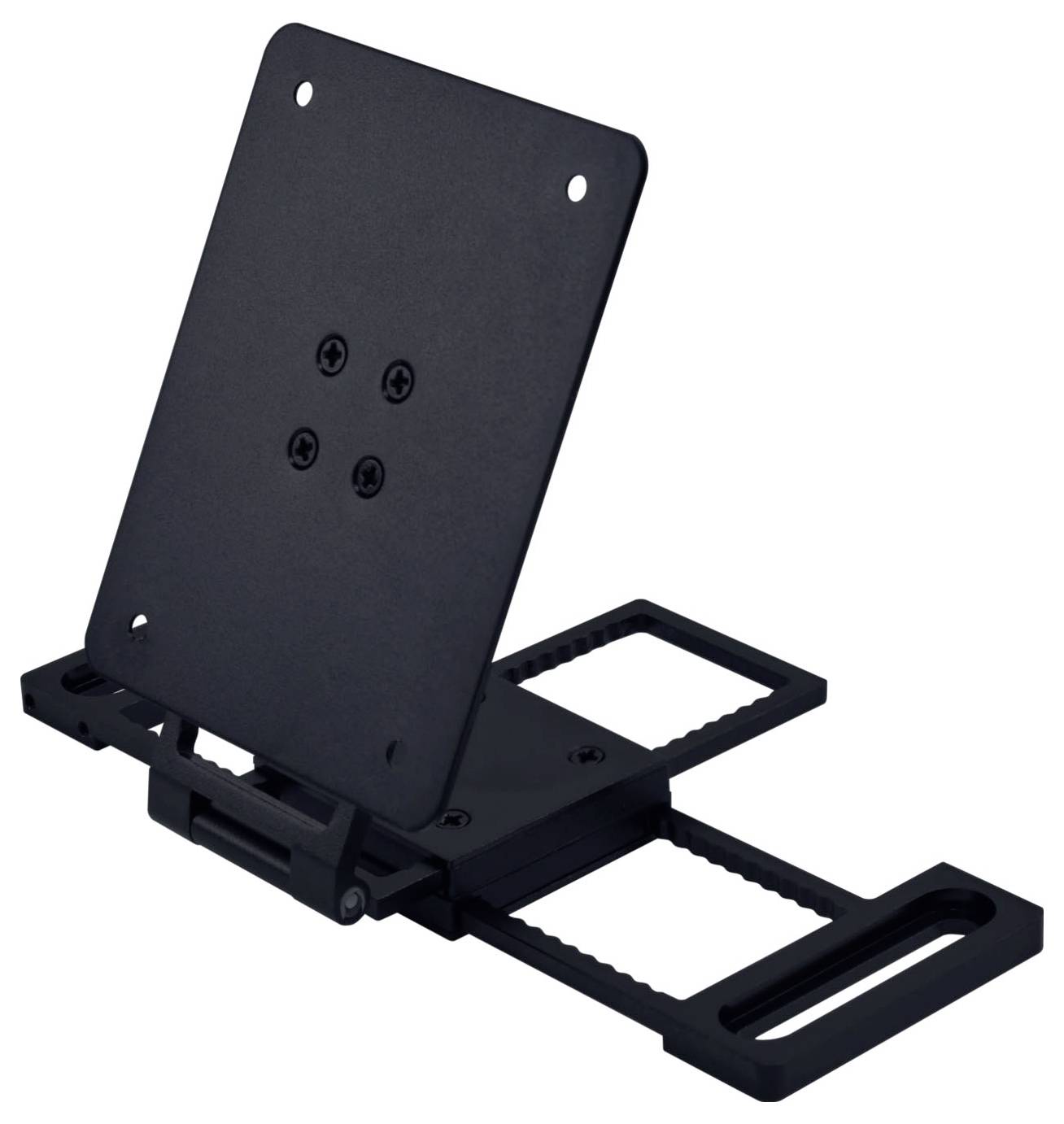 Un support de montage noir réglable avec une surface plate et perforée, adapté pour fixer un appareil.