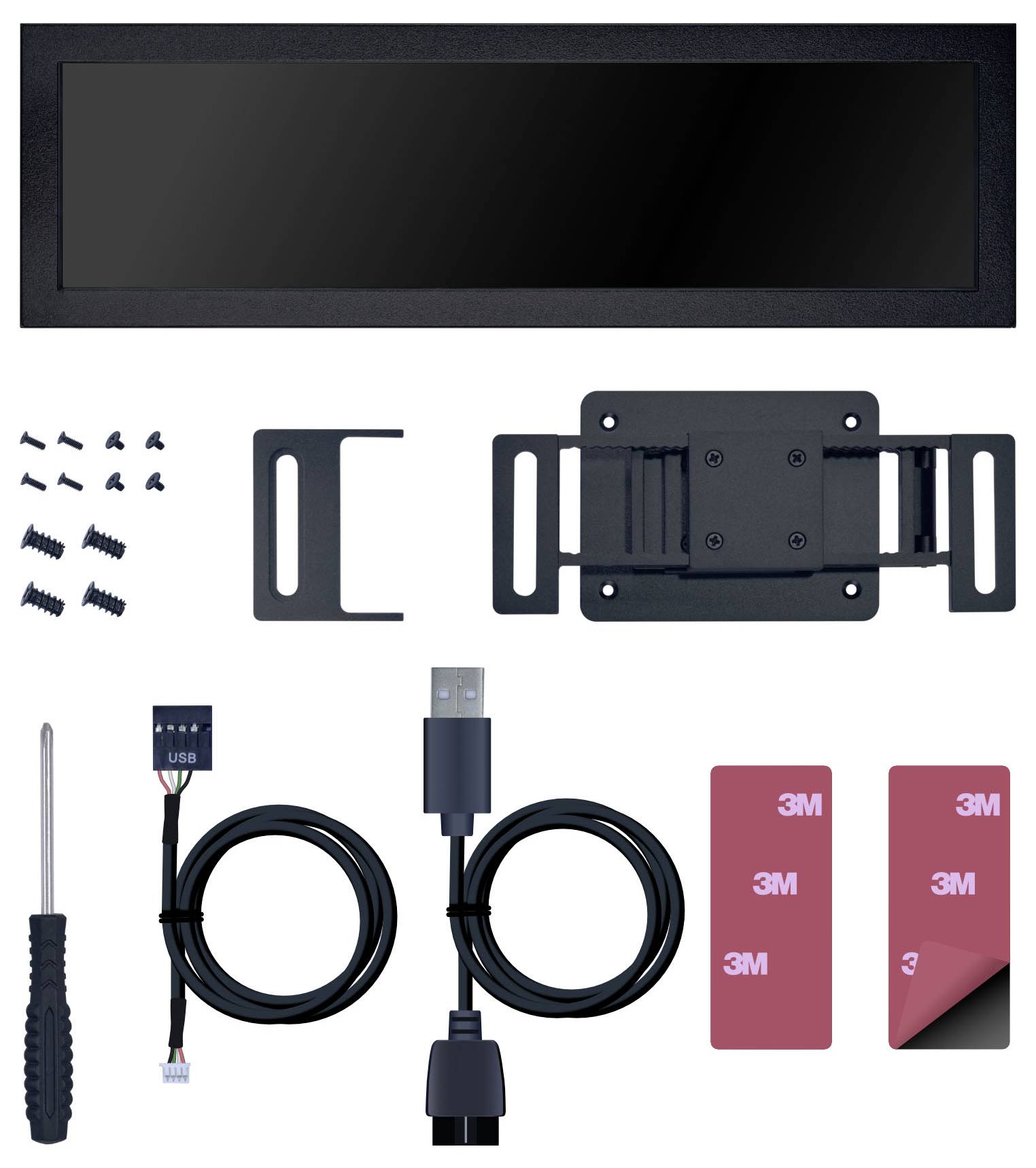 Kit de montage pour un appareil électronique : comprend des vis, un tournevis, des supports, des câbles USB et des bandes adhésives, avec un support rectangulaire.