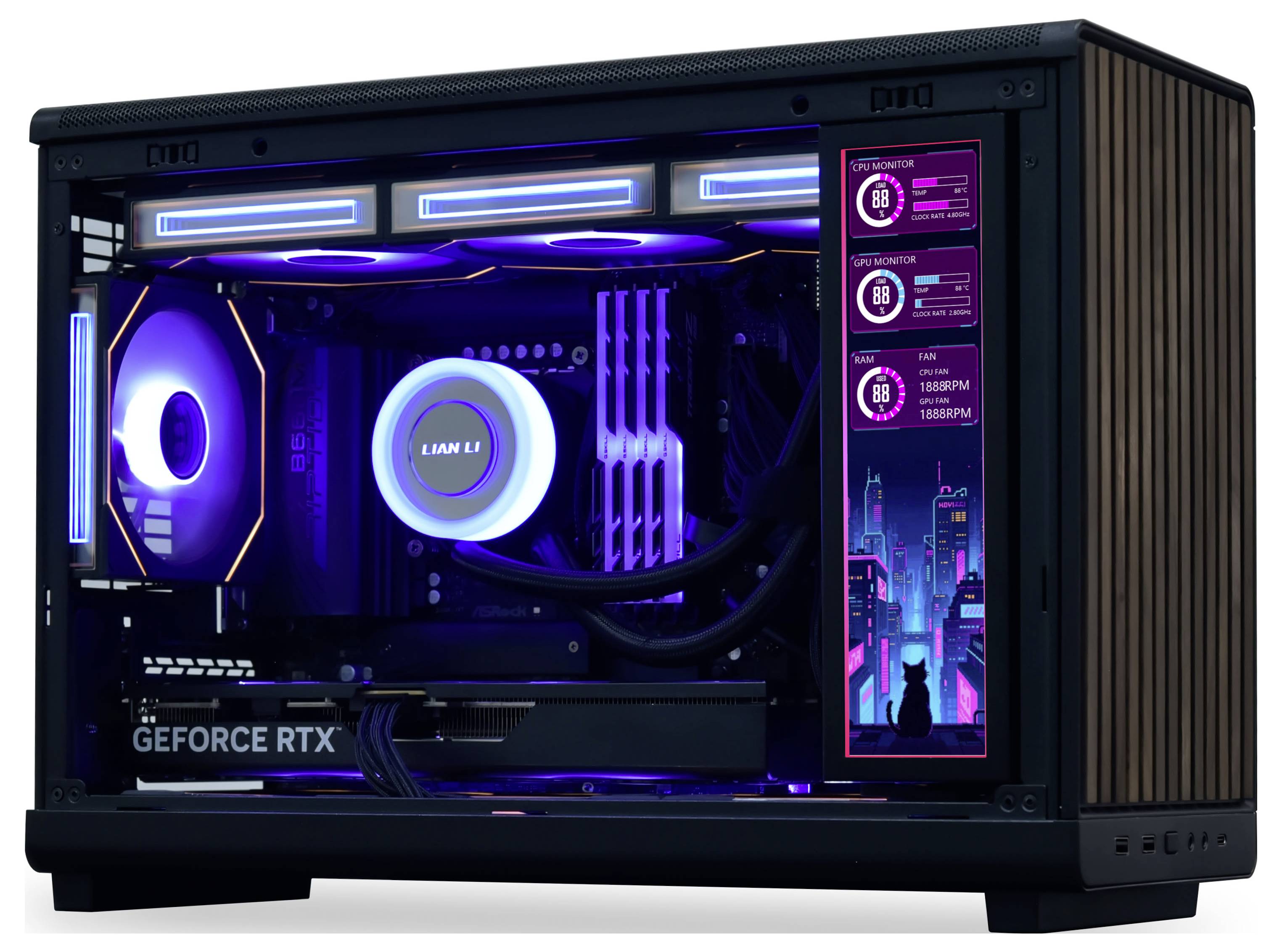 Un PC gaming compact avec un éclairage LED bleu et violet, dotée d'une carte graphique 'GeForce RTX'. Le panneau latéral affiche les statistiques du système et un paysage urbain.