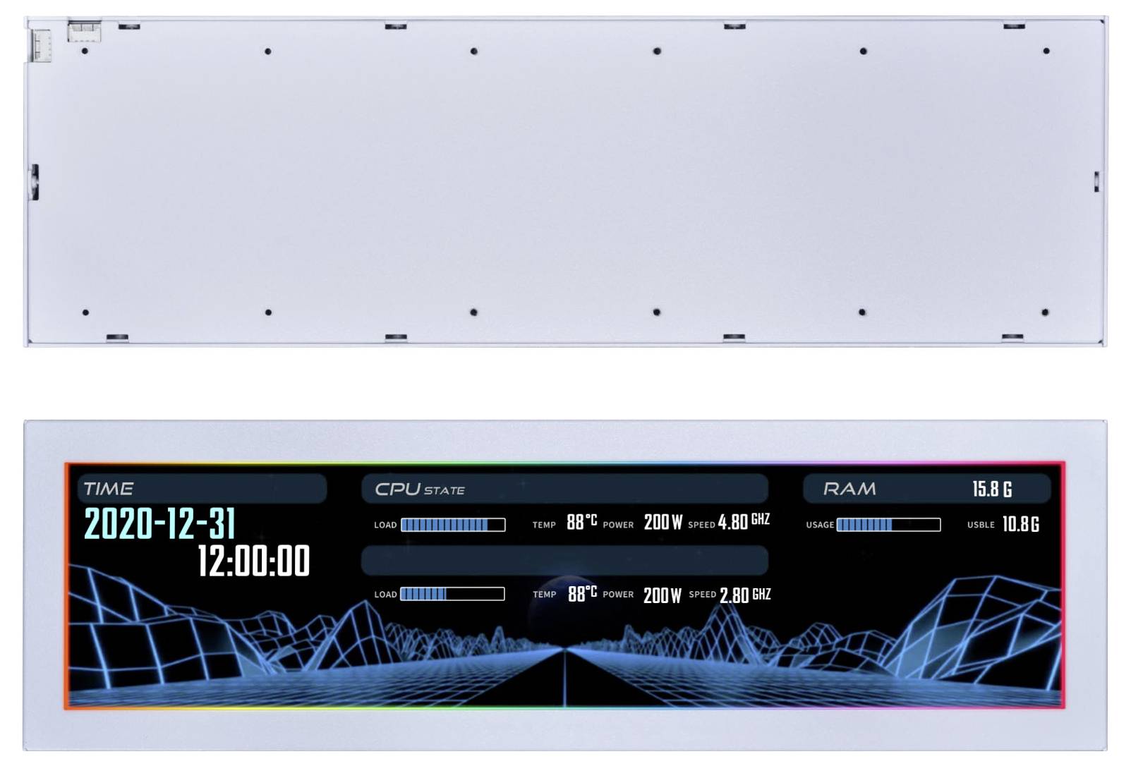 Deux panneaux : Le haut est vierge ; Le bas affiche un tableau de bord numérique avec « TIME 2020-12-31 12:00:00 » et des statistiques d'utilisation du CPU/RAM sur une grille futuriste.