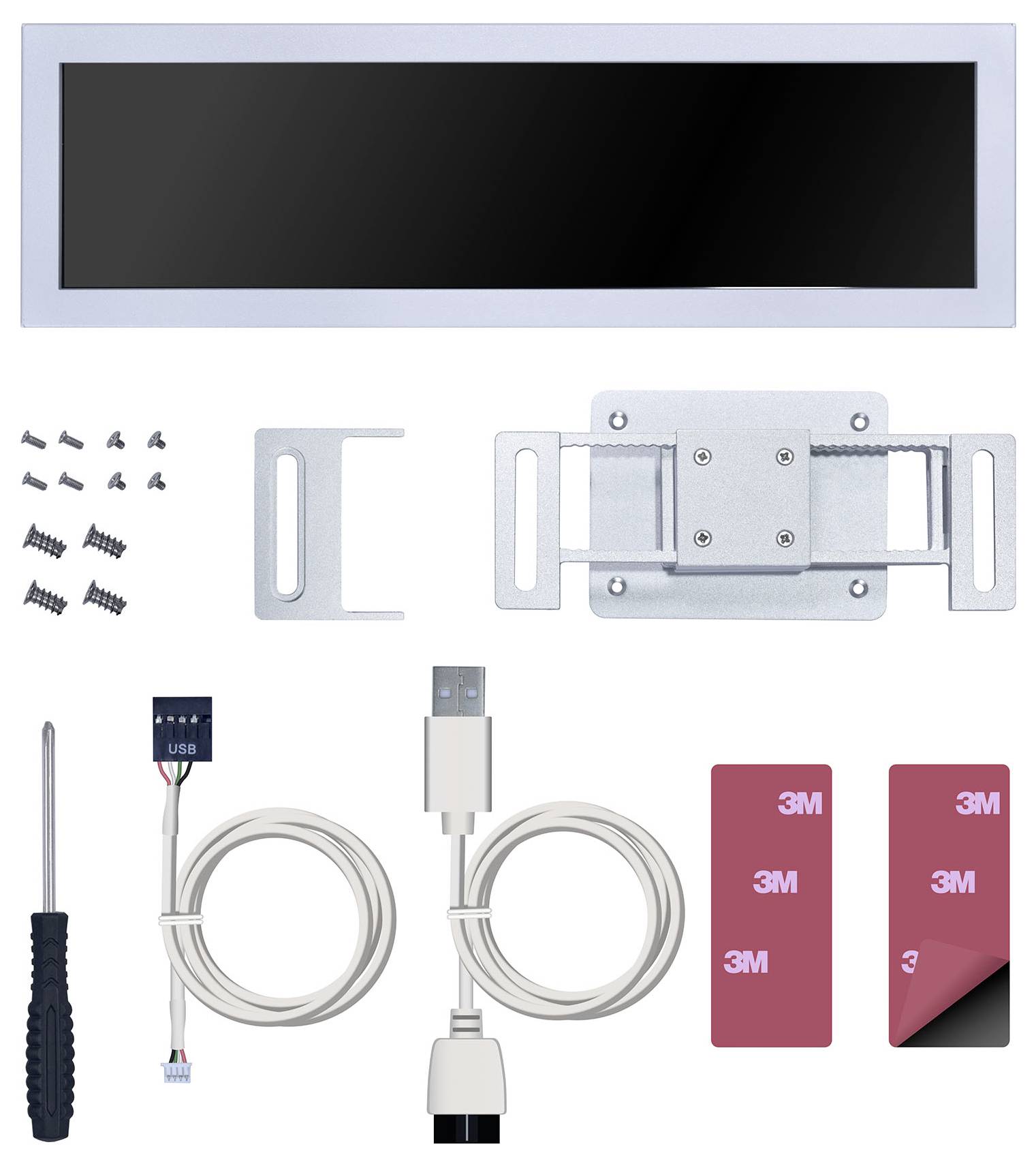 Affichage électronique avec kit de montage mural, comprenant les supports de montage, les vis, le tournevis et les câbles USB pour l'installation.