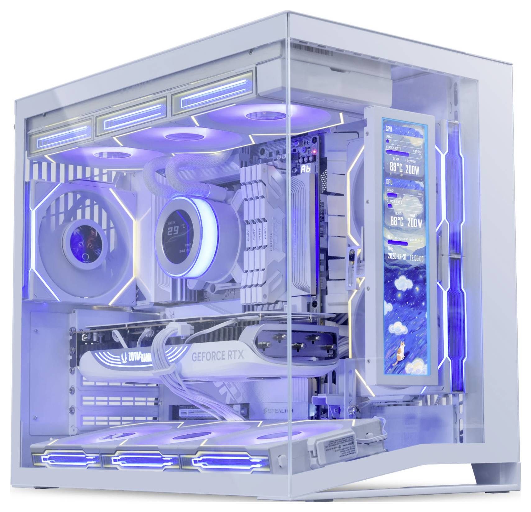 Un PC de jeu blanc avec des côtés transparents affiche des LED bleues lumineuses, mettant en évidence les composants internes et un écran de surveillance de l'état du système.