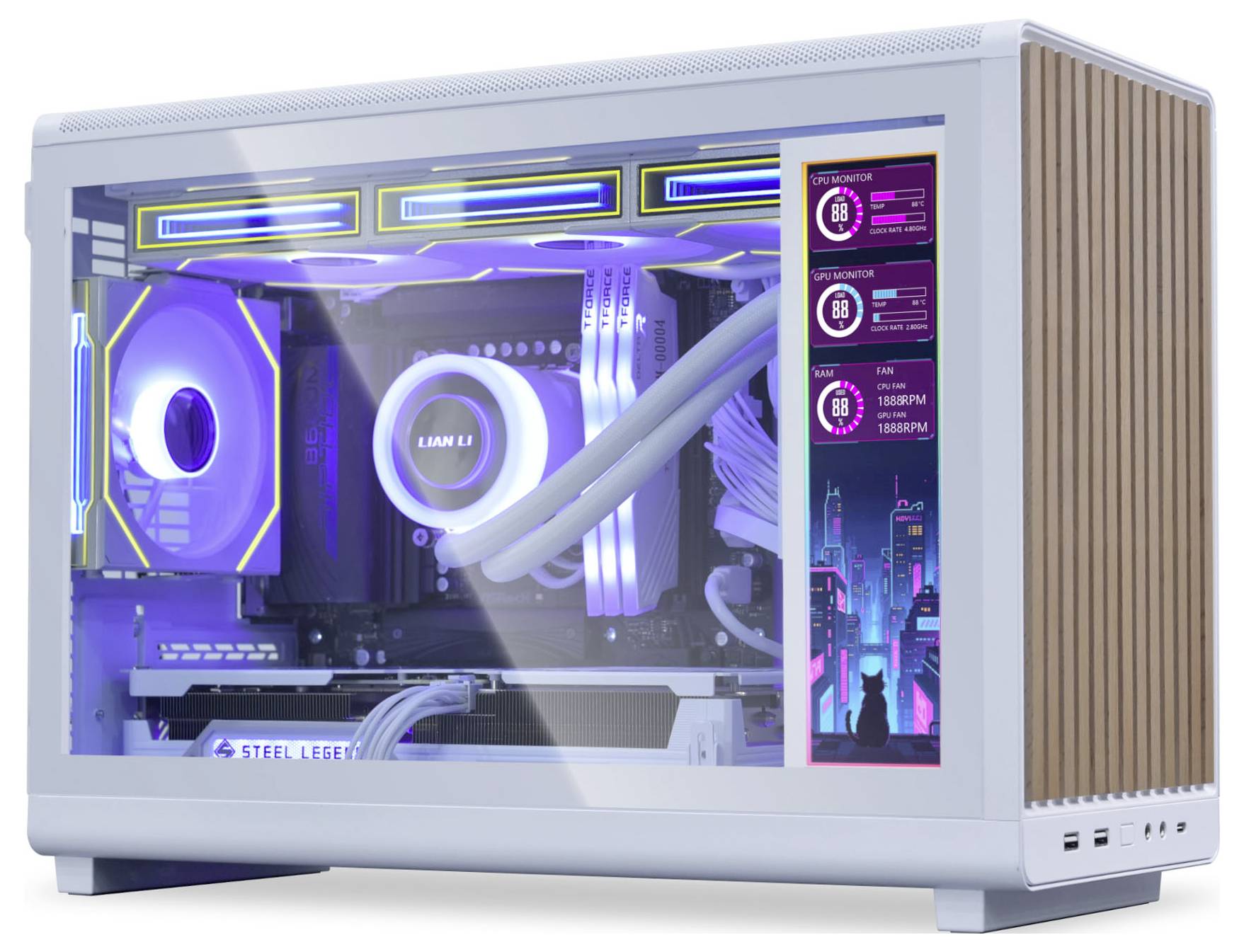 Un PC de jeu avec un panneau latéral transparent révélant des composants illuminés : un ventilateur de refroidissement, une carte graphique et un système de refroidissement du processeur.