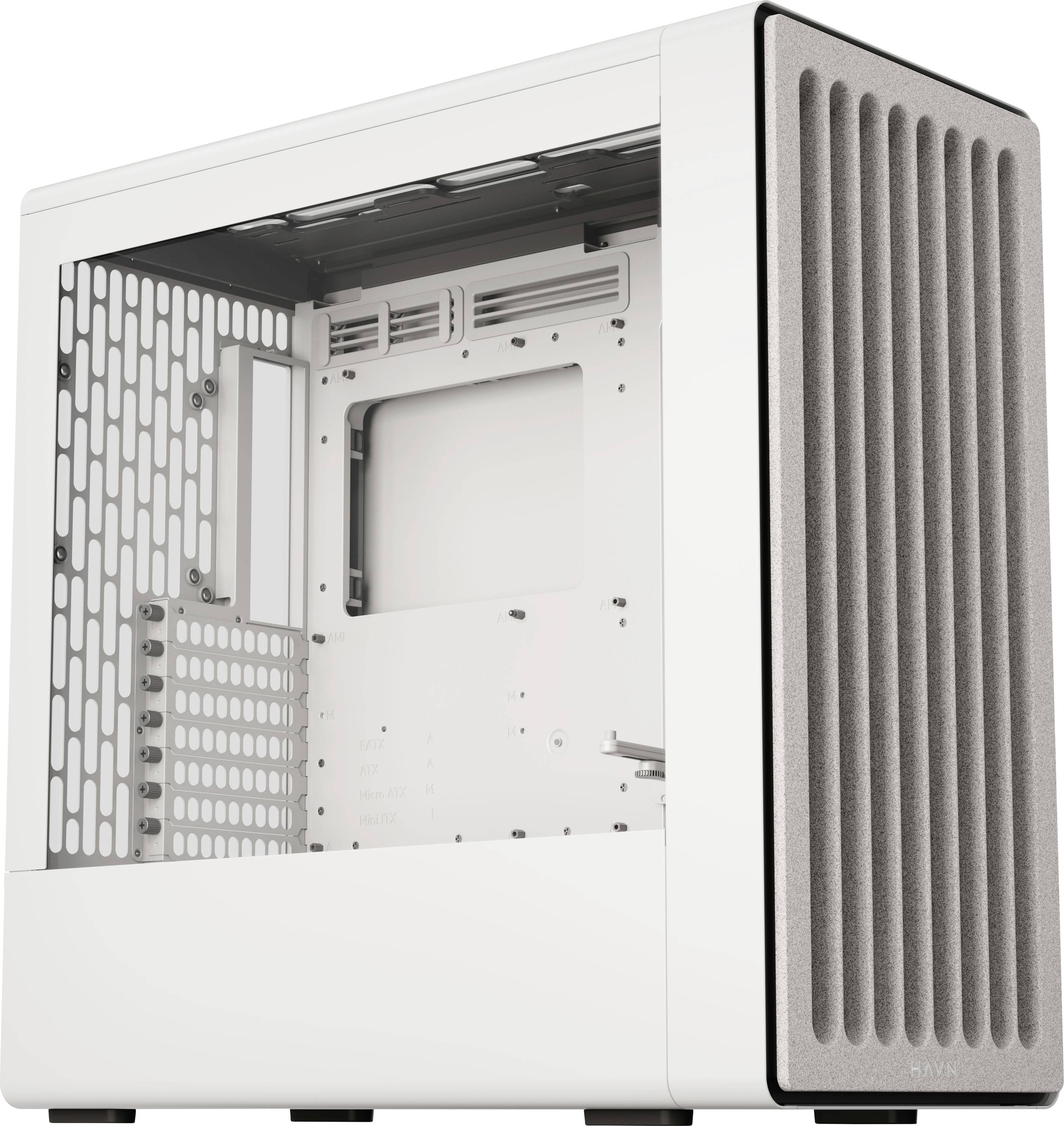 Un boîtier PC blanc avec un panneau avant aéré et une fenêtre latérale transparente, révélant l'espace intérieur pour les composants et les fonctionnalités de refroidissement.