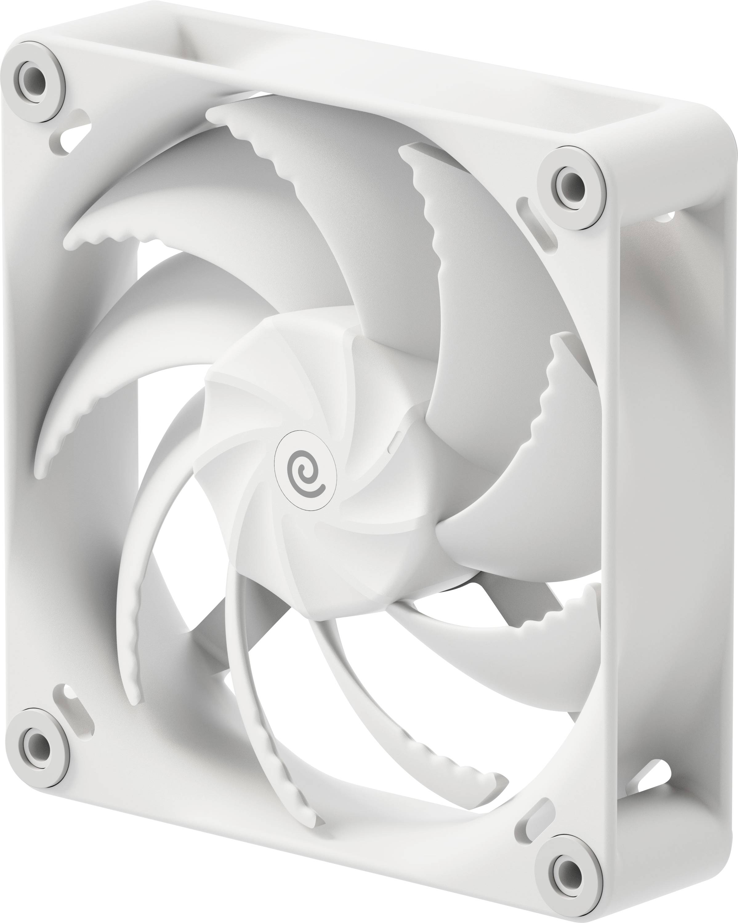 Un ventilateur de refroidissement blanc pour ordinateur avec un motif en spirale au centre, composé de huit pales et encadré d'un châssis carré muni de quatre trous de vis.