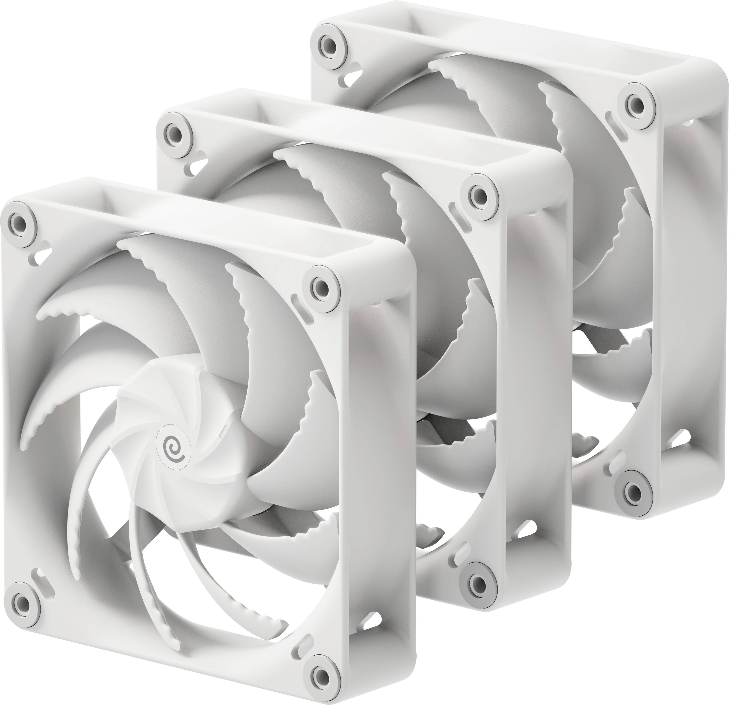 Trois ventilateurs blancs pour ordinateur avec des pales en spirale, empilés en ligne, mettant en valeur leur design et leur construction.