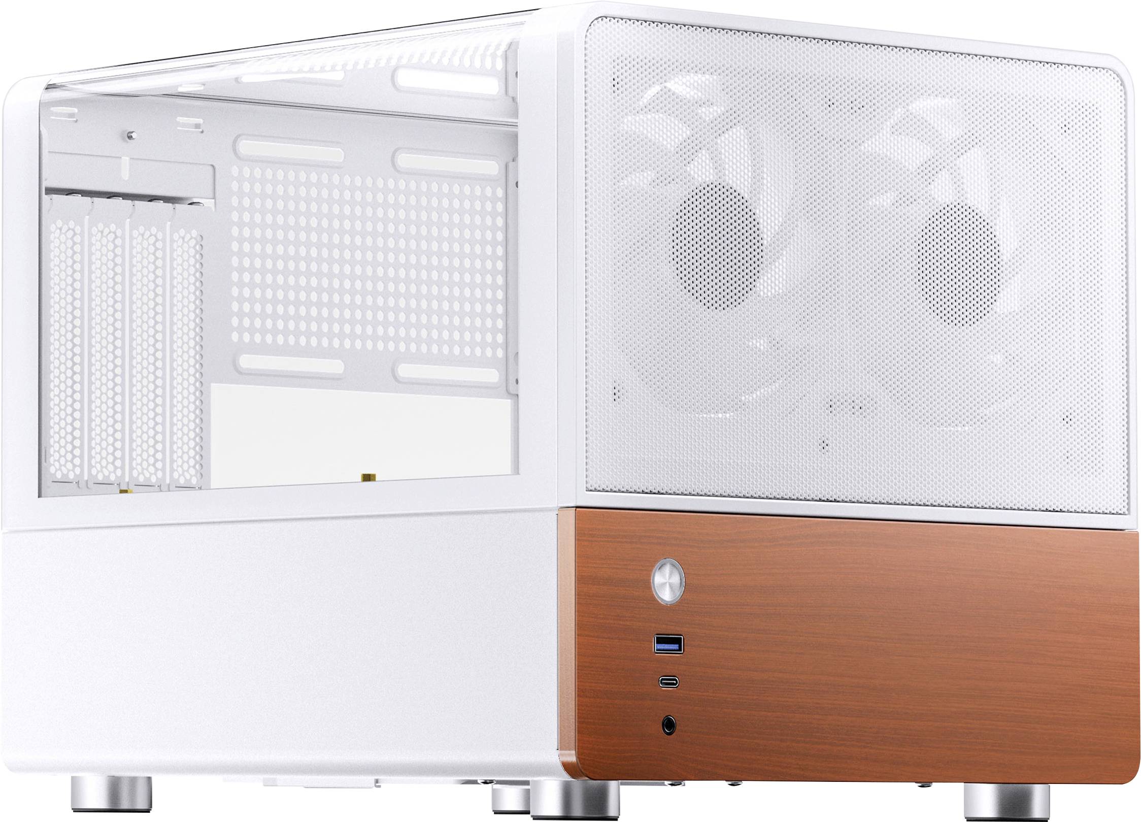 Un boîtier d'ordinateur de bureau en bois blanc présentant deux ventilateurs avant, plusieurs ports USB, et un intérieur ouvert conçu pour l'assemblage personnalisé.