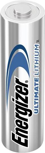 Une pile 'Energizer Ultimate Lithium' argentée avec un design de texte et de logo bleu.