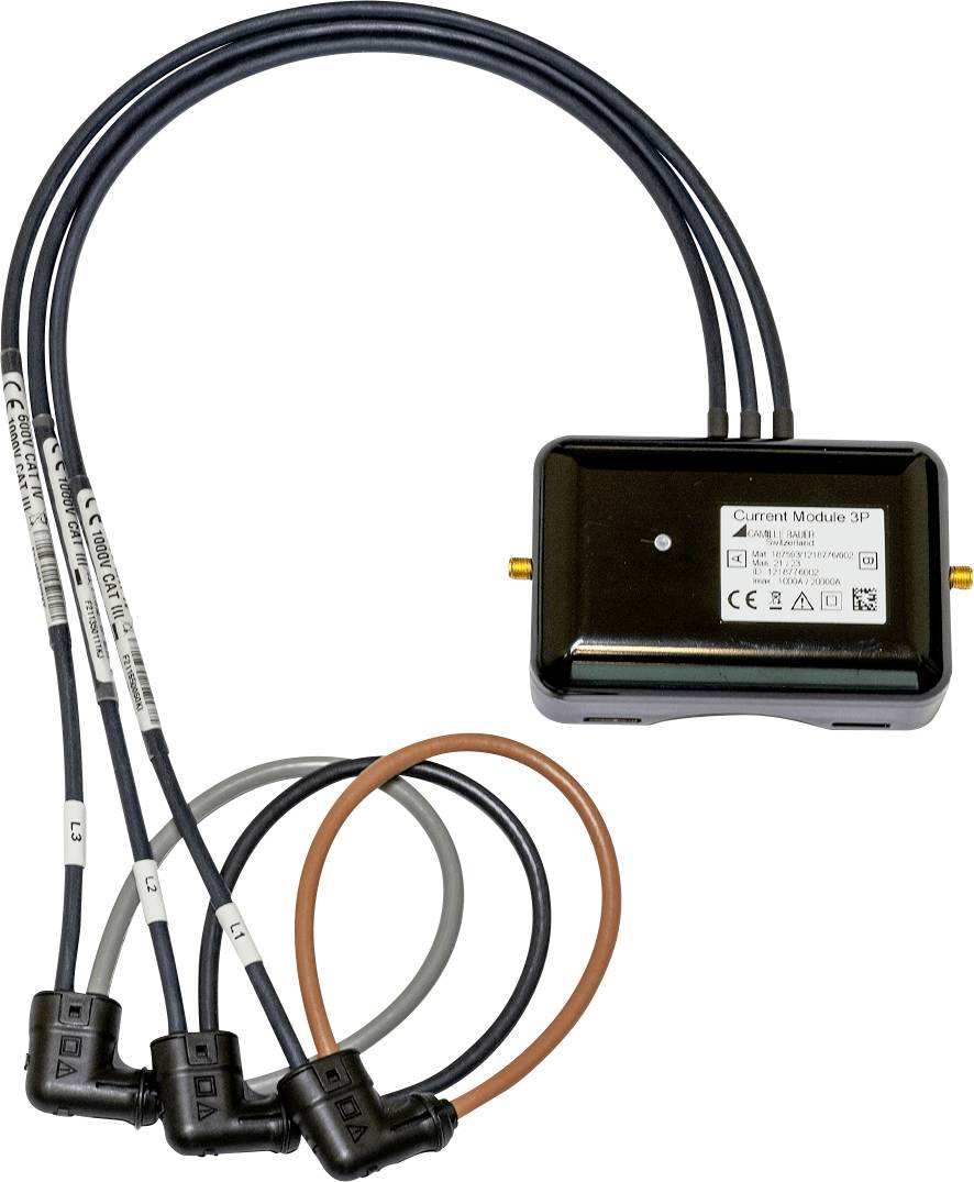 Un module de courant noir avec trois boucles de fils flexibles et des connecteurs, étiqueté 'Module de Courant 3P', conçu pour les installations électriques.