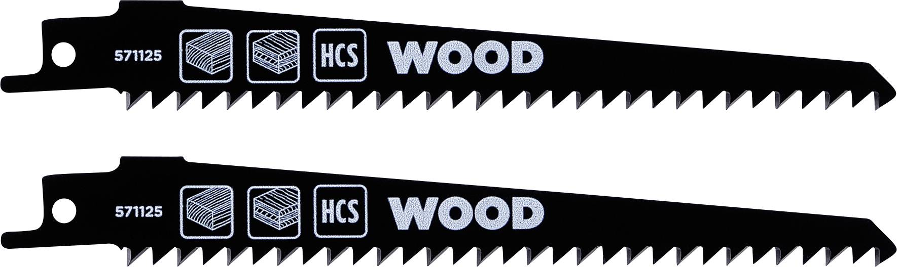 Two black saw blades labeled 'HCS WOOD' with icons indicating wood cutting.
