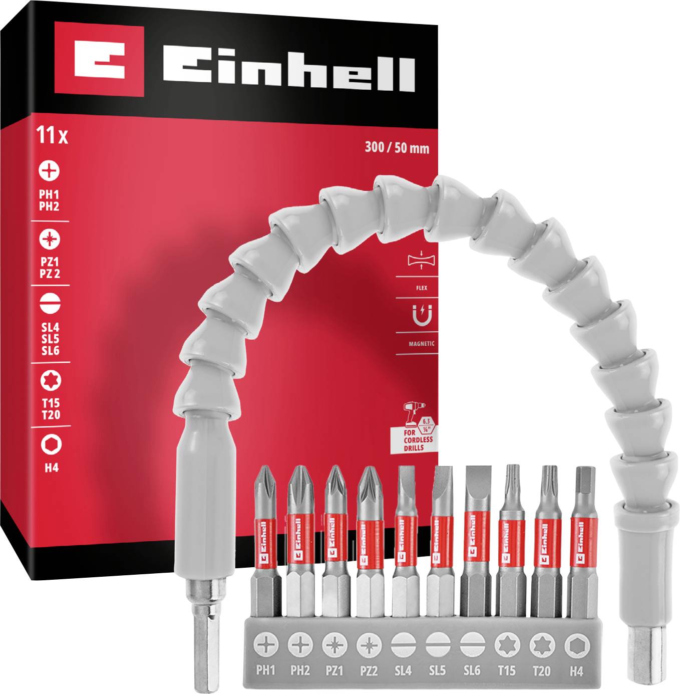 A set of 11 screwdriver bits with a flexible extension mount, branded Einhell. Bits include Phillips, Pozidriv, and Torx types.