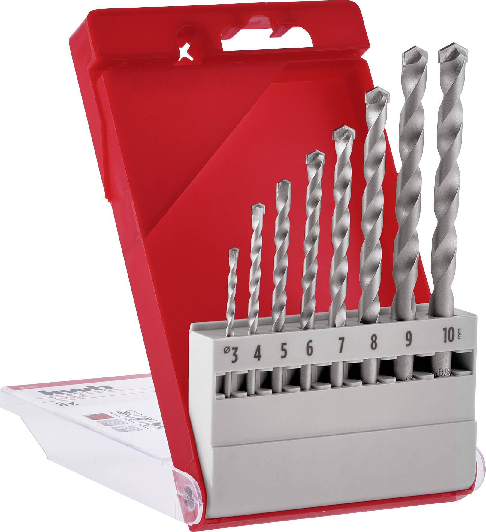 A red case of silver metal drill bits in varying sizes is displayed standing upright, labeled from 3 to 10.
