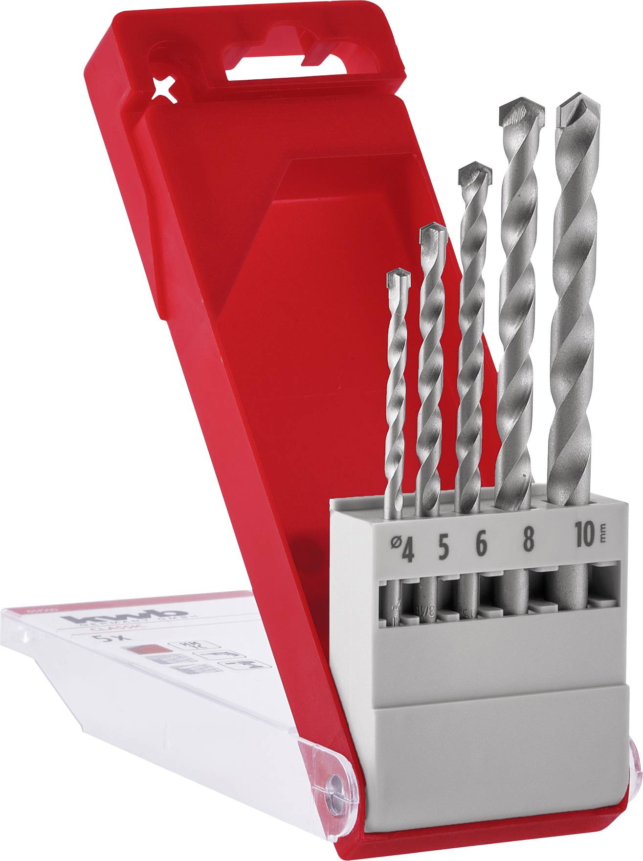 A red and white box containing five drill bits of varying sizes, labeled from four to ten, with a partially open flap.