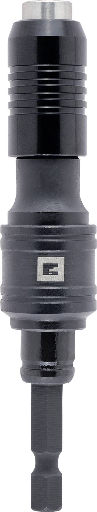 A black metal tool drill attachment with a cylindrical body and a hexagonal shank, featuring a small square icon on its side.