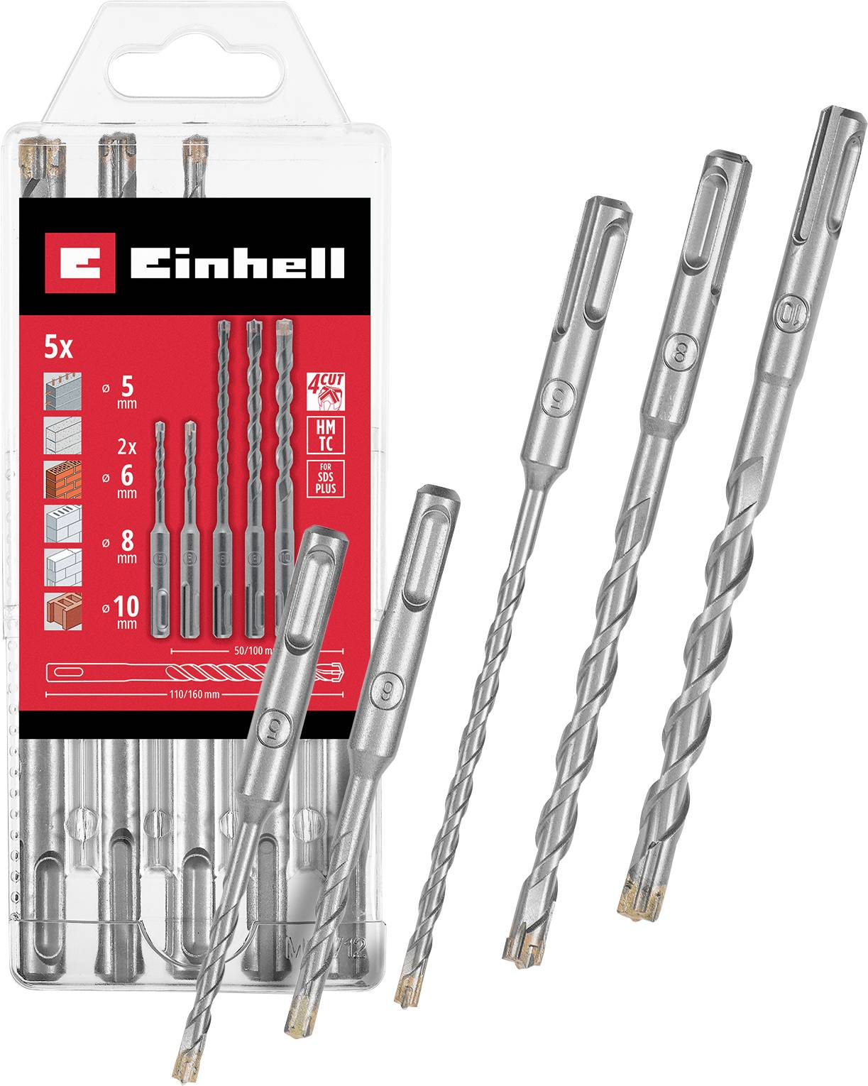 A pack of five drill bits in various sizes, displayed with individual bits. Packaging highlights compatibility with specific drilling tools.