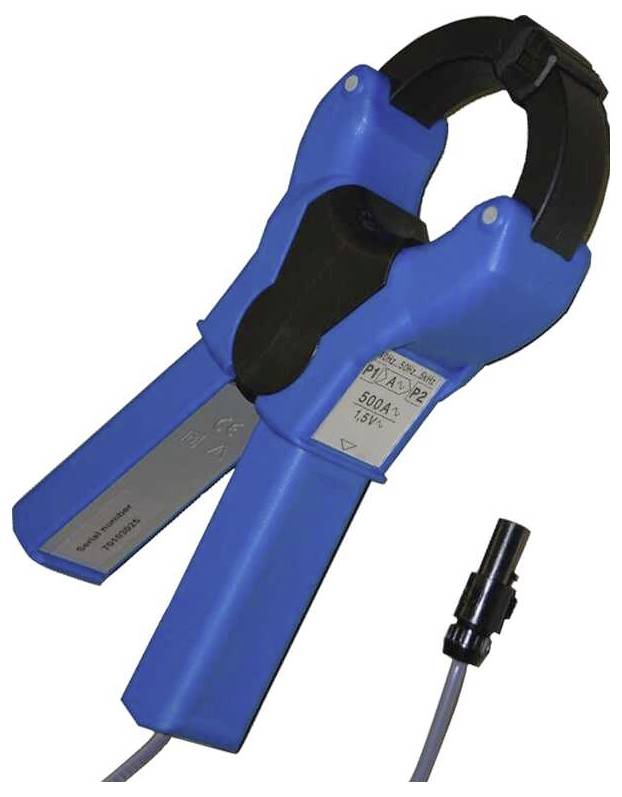 Un cavalier électrique bleu utilisé pour mesurer le courant alternatif, avec des câbles attachés, portant l'étiquette « 500A/150A ».