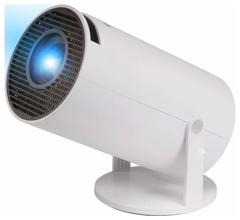 Un luminaire de projecteur en blanc avec un design cylindrique élégant, émettant une lumière bleu vif à travers son objectif, probablement destiné à un usage scénique ou de présentation.