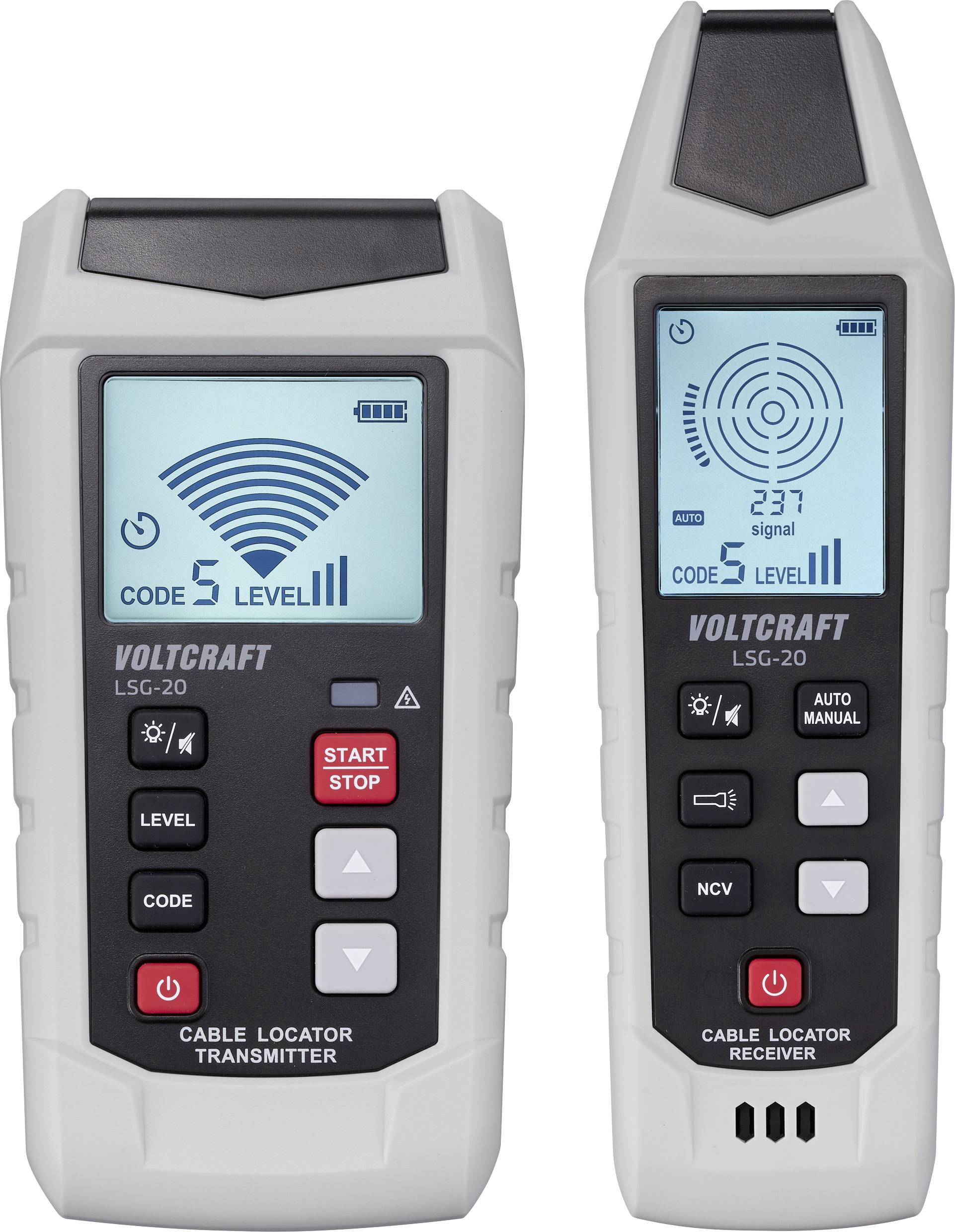 Zwei Kabelortungsgeräte. Links: Ein Sender mit LCD-Anzeige, das ein Wireless-Symbol, „CODE 5 LEVEL 1