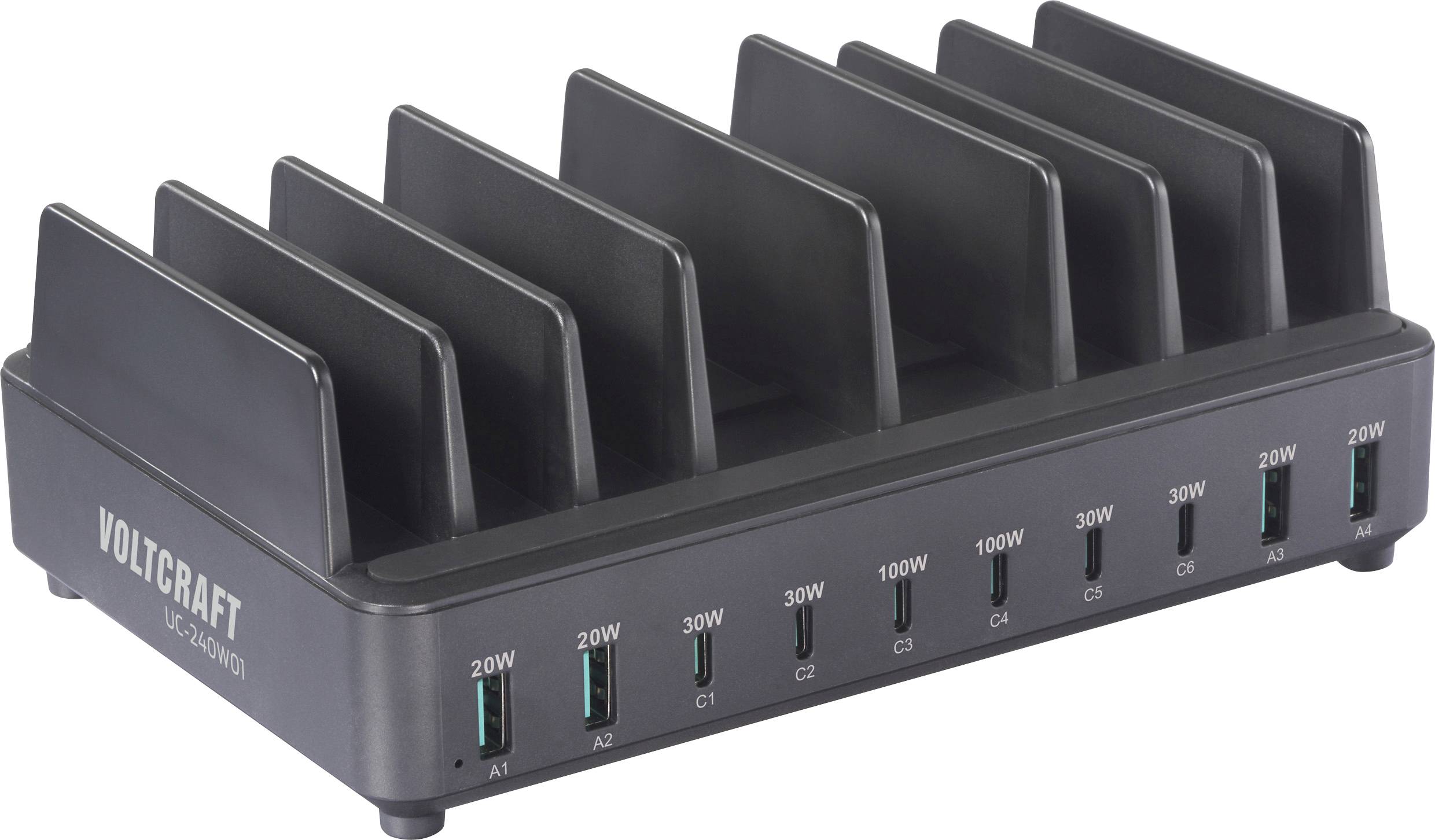 Une station de charge Voltcraft noire avec plusieurs ports USB étiquetés de A1 à C5. Chaque port indique une puissance nominale, allant de 20 W à 100 W.