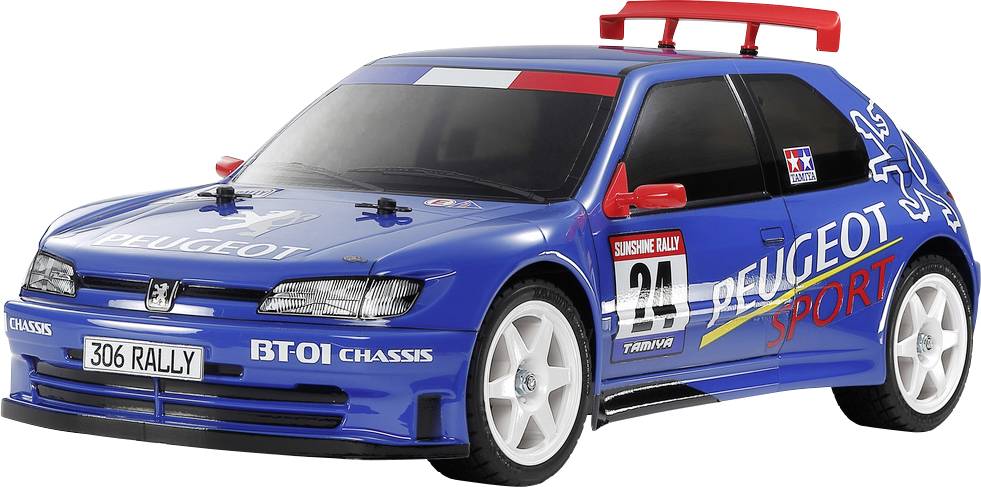 Un modèle d'une voiture de rallye Peugeot bleue avec des autocollants, comprenant 'Peugeot Sport' et '306 Rally'. Le design est sportif et dynamique.