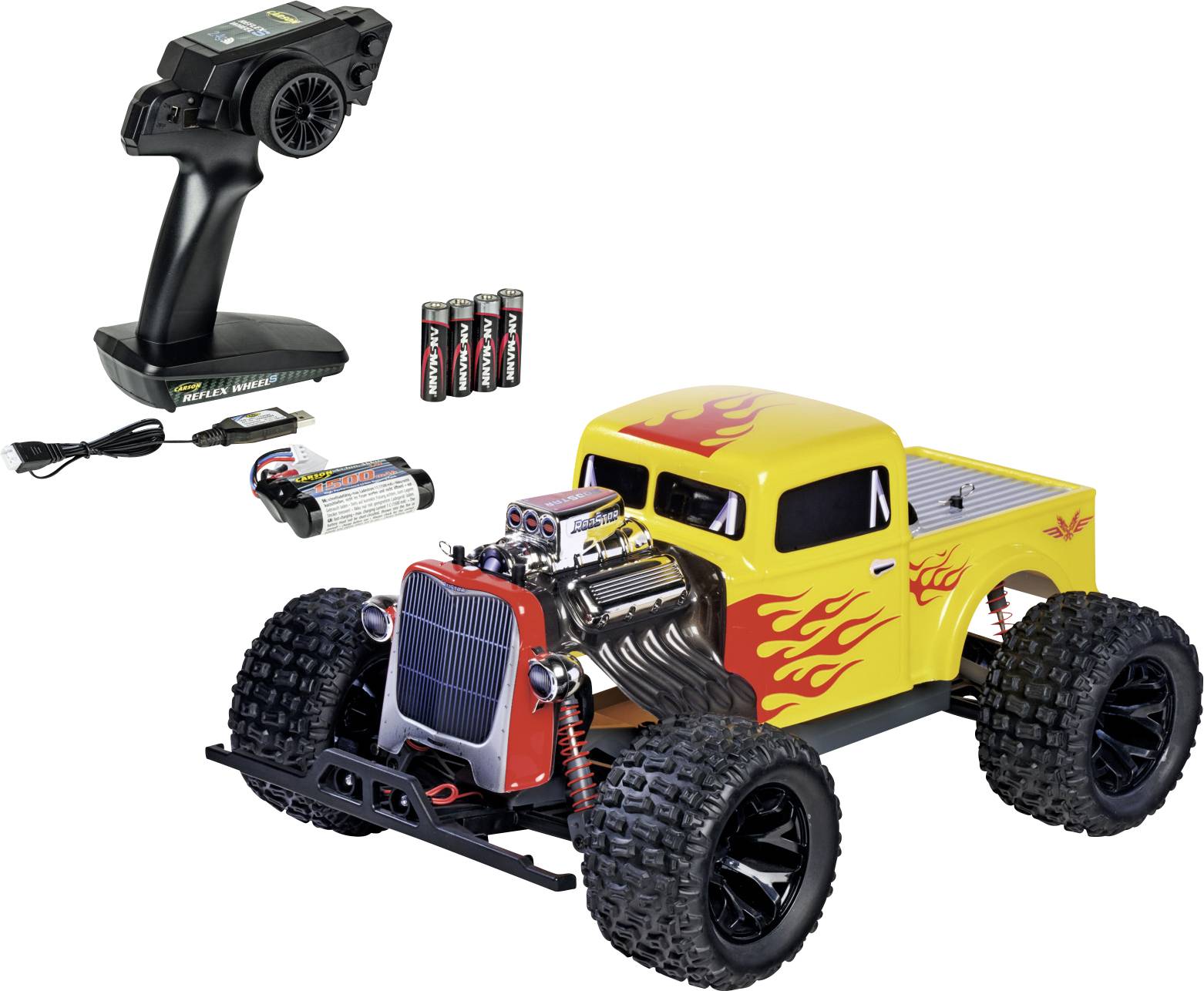 Camion monstre télécommandé RC avec décalcomanies de flammes, télécommande noire, pack de batterie rechargeable, câble de charge et piles AA inclus.