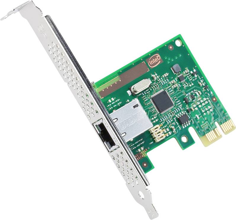 « Une carte d'interface réseau avec un circuit imprimé vert et un support métallique, présentant un port de connexion et divers composants électroniques. »