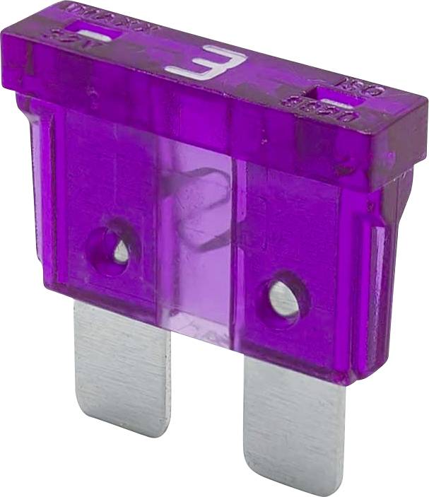 Un fusible automobile violet de 3 ampères, doté de deux broches métalliques pour la connexion électrique.