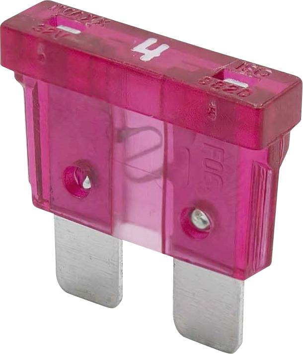 Un fusible automobile rouge de type lame, portant un numéro de calibre '4' sur sa surface supérieure, équipé de deux broches métalliques pour les connexions électriques.