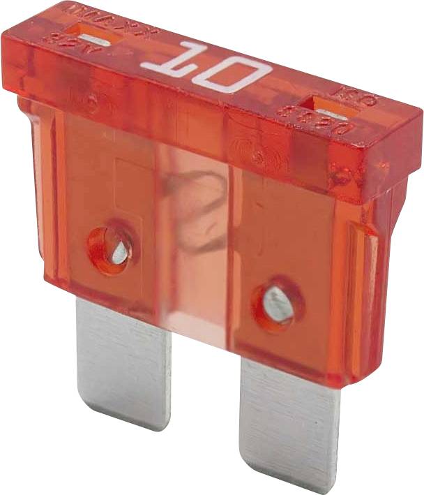 Un fusible automobile orange de 10 ampères avec des broches en argent, utilisé pour la protection des circuits dans les systèmes électriques automobiles.