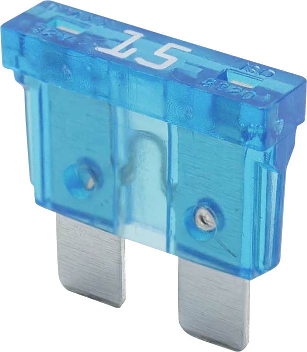 Un fusible automobile bleu de 15 ampères avec deux broches métalliques, utilisé pour la protection des circuits électriques dans les véhicules.
