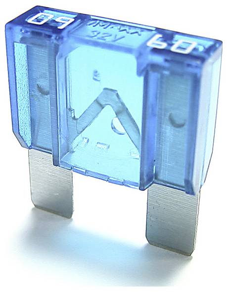 Un fusible automobile à lame bleu de 60 ampères étiqueté « 60 A 32V », conçu pour des applications à basse tension, avec deux broches métalliques de connexion.