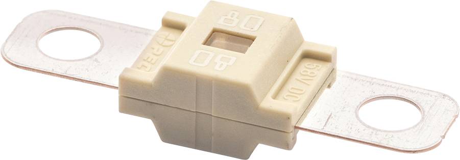 Un fusible automobile beige avec des bornes métalliques à chaque extrémité, portant la mention « 80A », utilisé pour la protection électrique dans les véhicules.