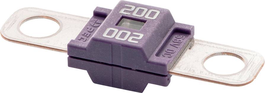 Fusible automobile violet de 200 ampères avec bornes métalliques de chaque côté, utilisé pour des applications à haute intensité dans les systèmes électriques des véhicules.