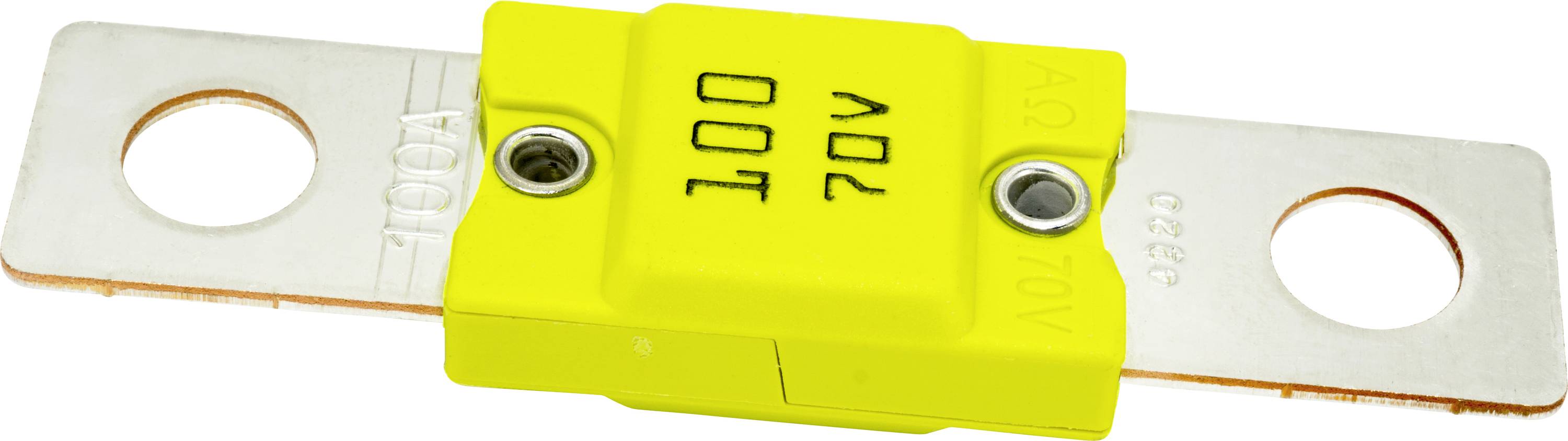 Un fusible jaune de 100A avec des connecteurs métalliques à chaque extrémité, étiqueté '70V', conçu pour des applications de sécurité et de protection électriques.