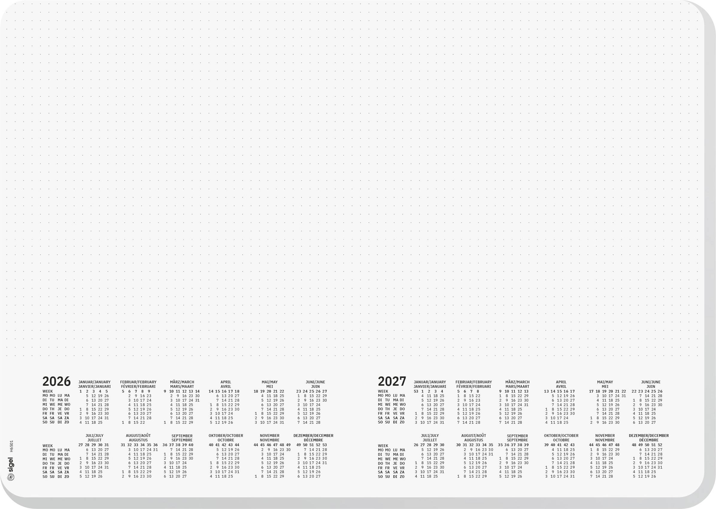 Un grand tableau blanc de planification avec un petit calendrier de 2026 et 2027 imprimé en bas.