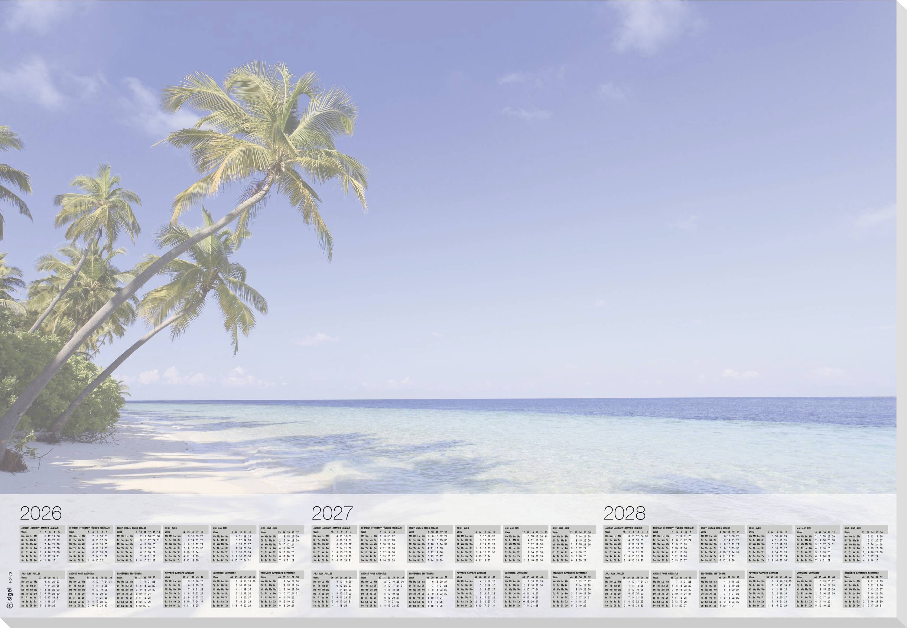 Une scène de plage tropicale avec des palmiers et une eau bleu clair sous un ciel lumineux. Petites années de calendrier 2026, 2027, 2028 visibles.