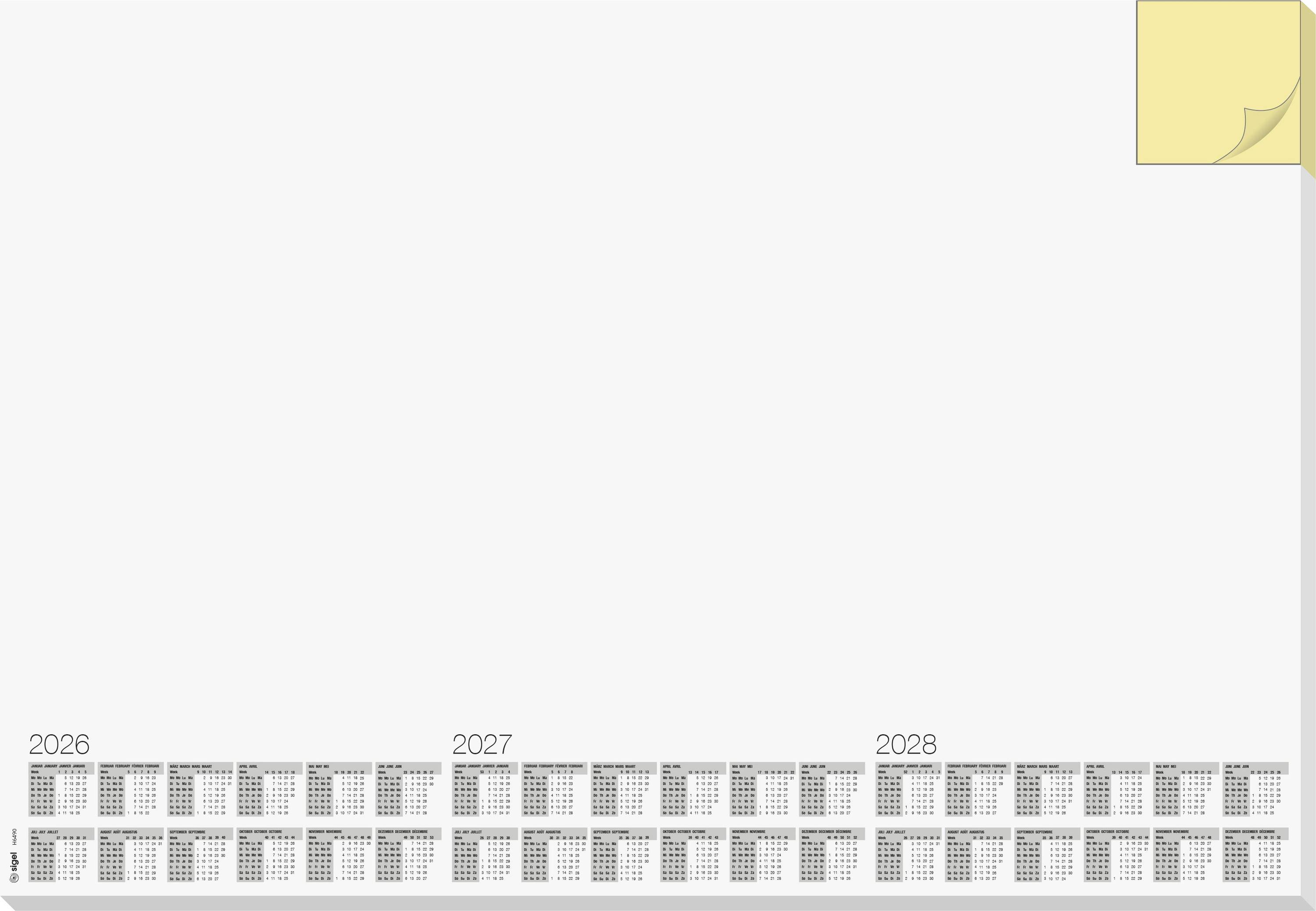 Une page blanche vierge avec un petit post-it jaune dans le coin supérieur droit. Des calendriers mensuels miniatures pour 2026, 2027, 2028 sont situés en bas de la page.