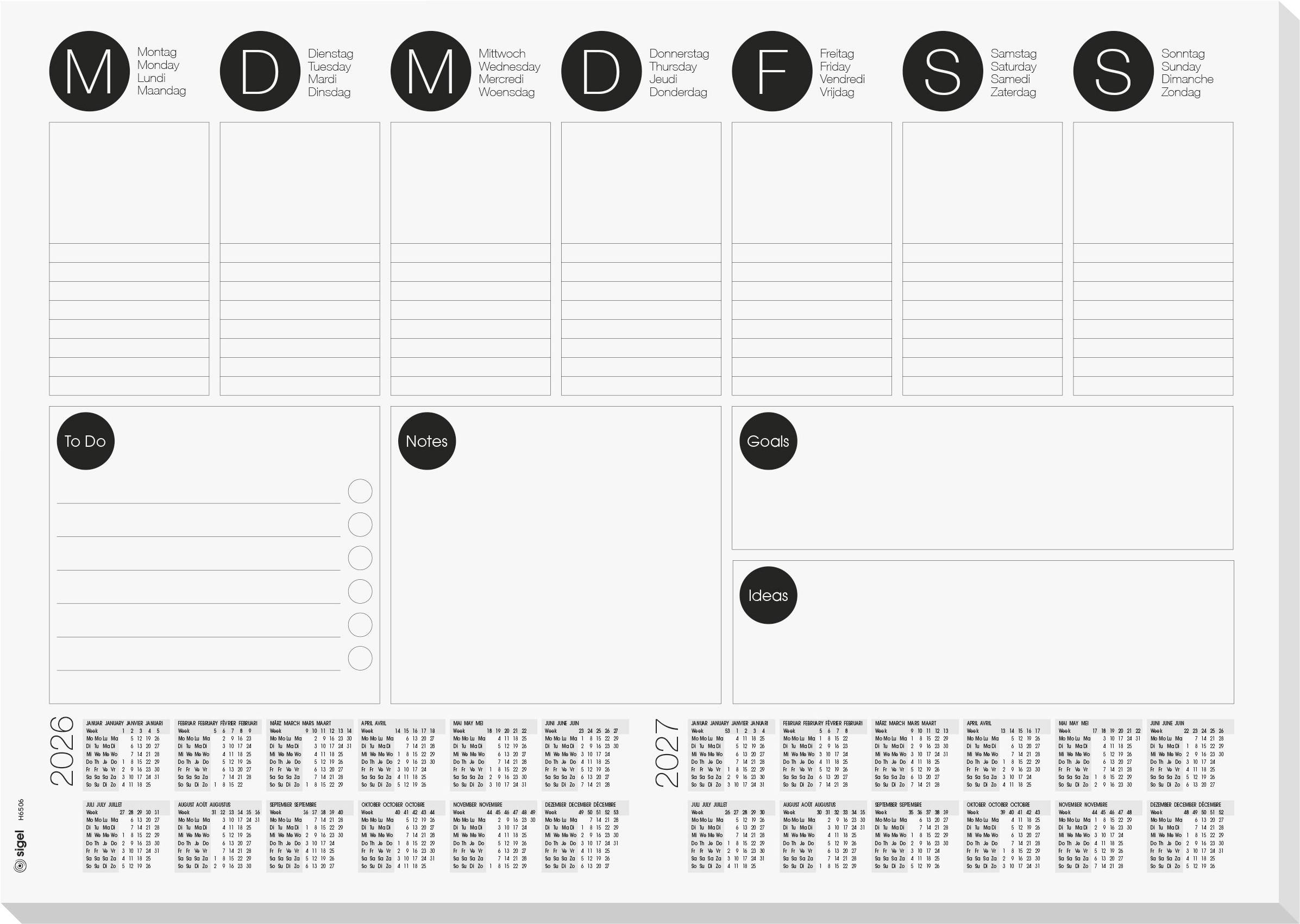 Weekly planner page with days of the week in multiple languages, sections for 'To Do', 'Notes', 'Goals', 'Ideas', and 2026-2027 calendars.