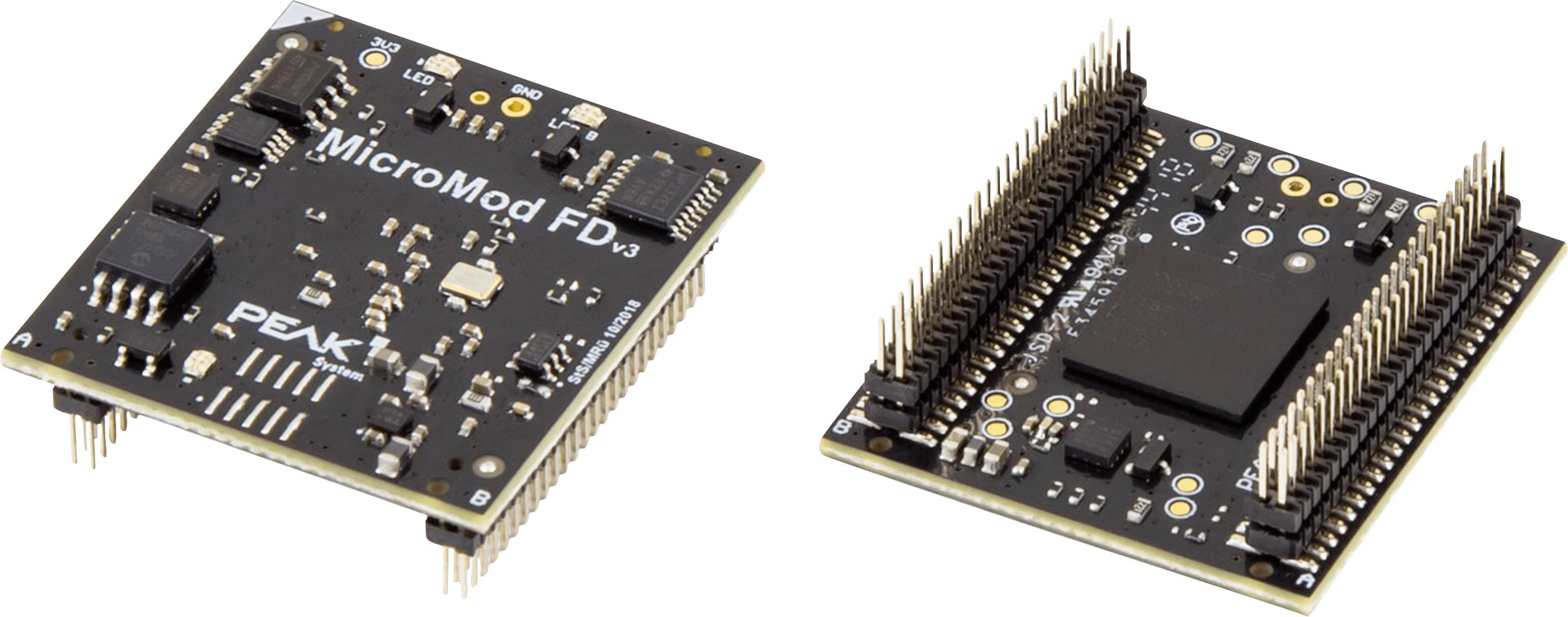 Deux cartes de circuit MicroMod FD.x3 noires avec des détails dorés, étiquetées « PEAK », présentant de multiples broches le long des bords et divers composants.