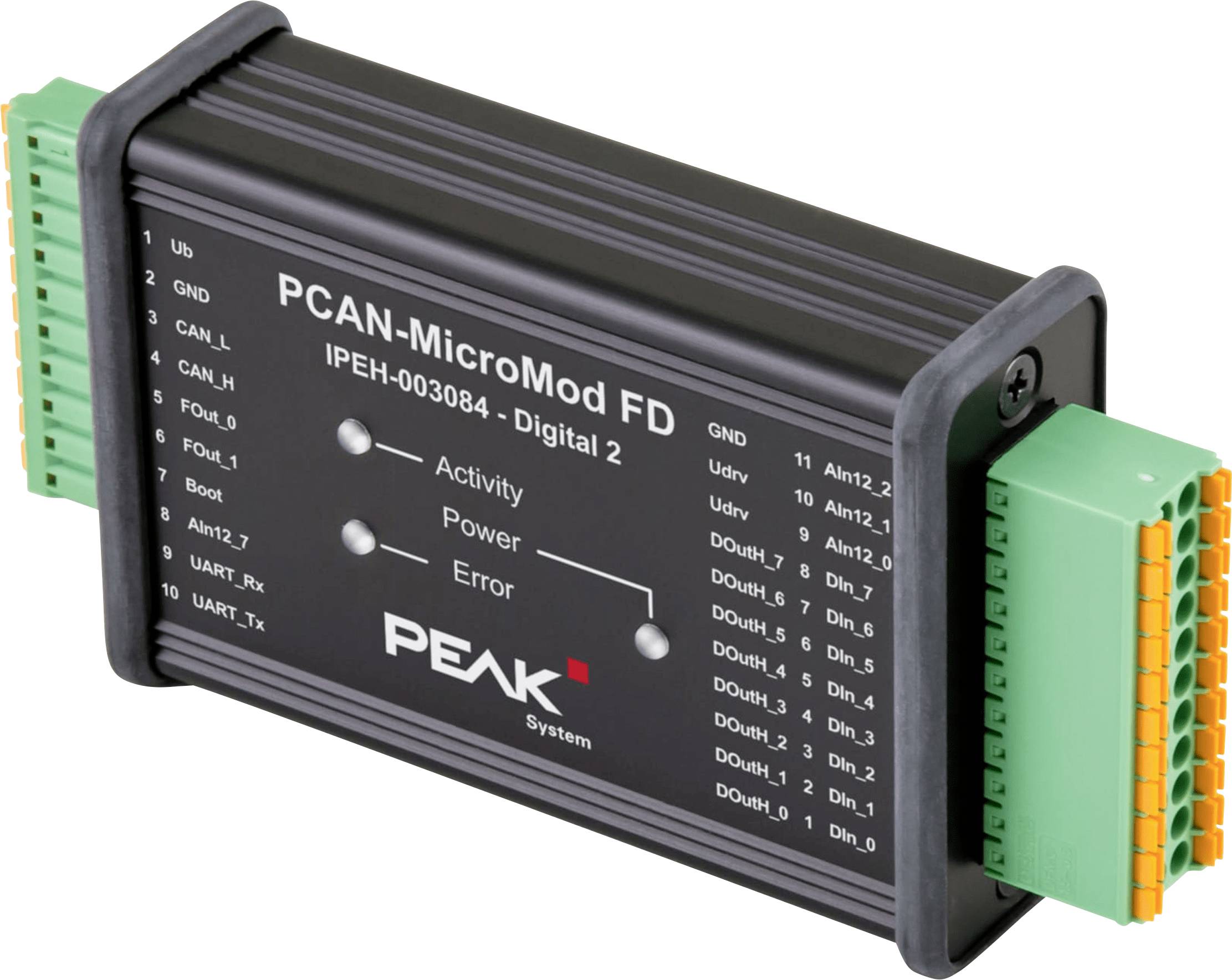 Appareil « PCAN-MicroMod FD » avec câbles connectés, étiqueté « PEAK systems », affichant les indicateurs : « Activité », « Alimentation », « Erreur ».