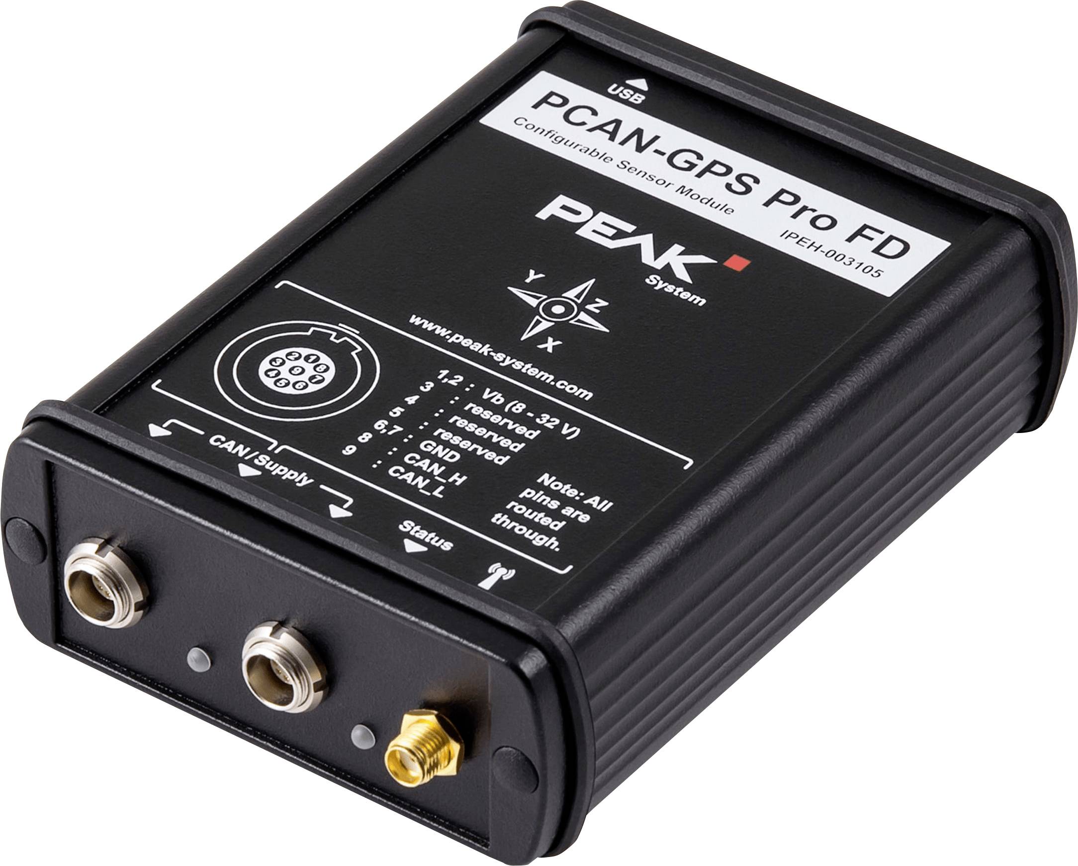 Appareil « PCAN-GPS Pro FD » de PEAK, étiqueté comme « Module GNSS/GPS Compact ». Présente plusieurs ports d'entrée sur son panneau frontal.