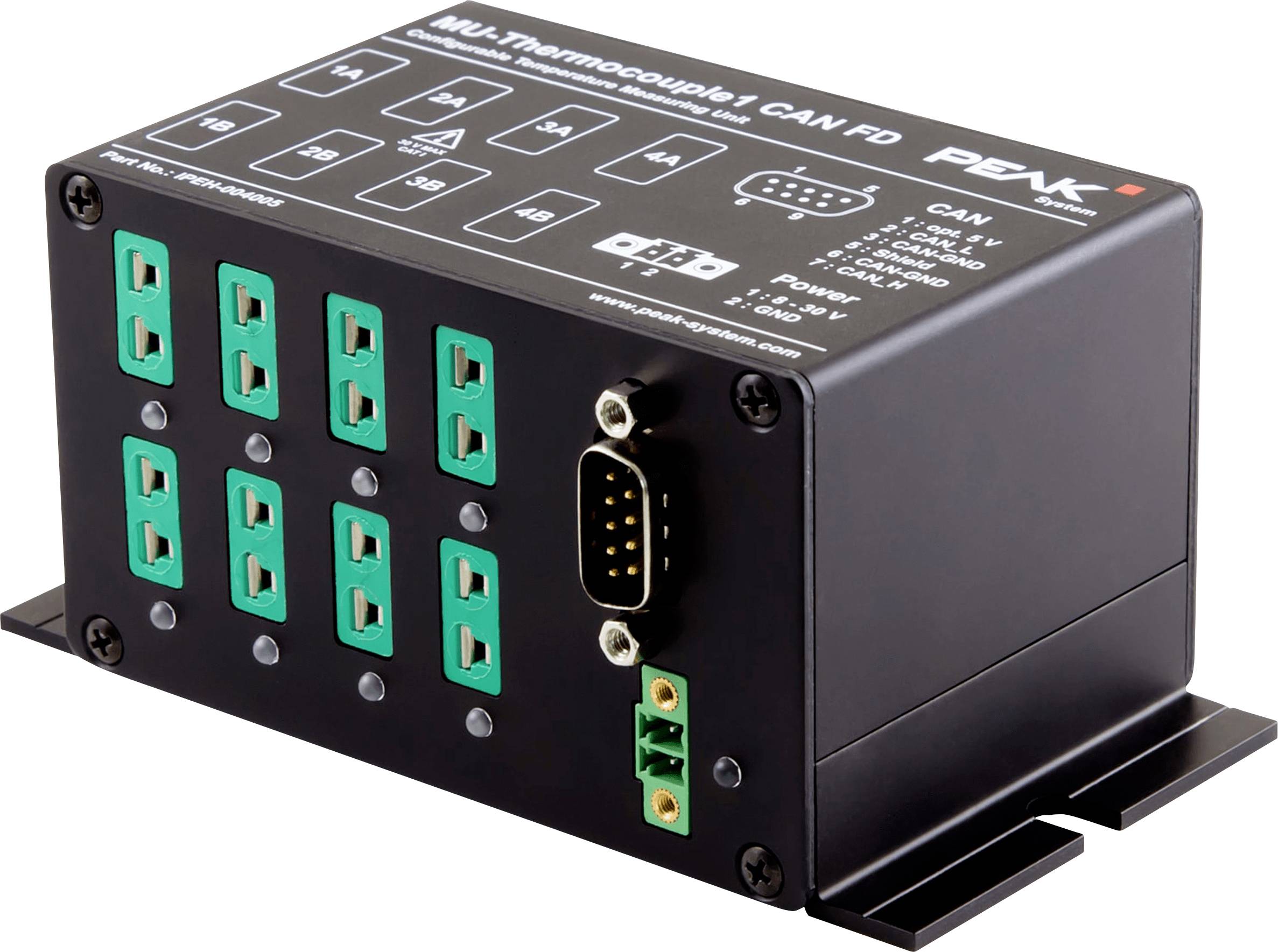 Un appareil électronique noir étiqueté « Multi-Thermocouple CAN FD » avec plusieurs ports verts, un connecteur et des fonctions clairement marquées sur le dessus.