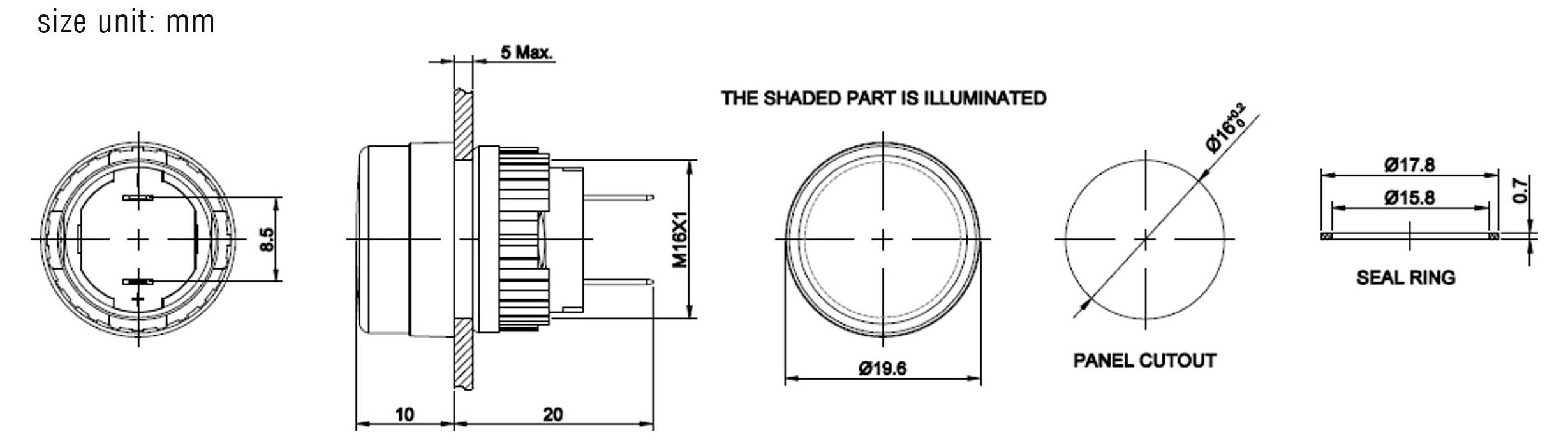 « Voyant indicateur à montage sur panneau » dessin technique montrant les vues de côté et de dessus avec dimensions, détails d'illumination et découpe de panneau.